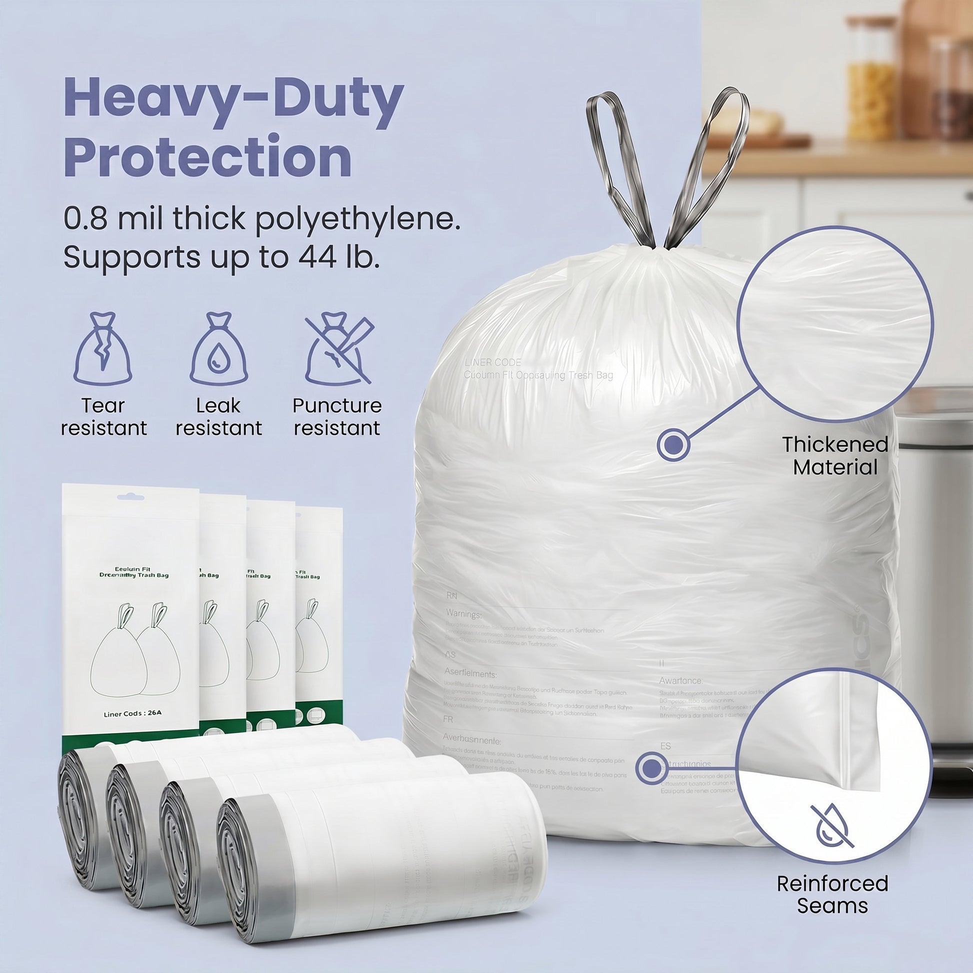 Drawstring Trash Bags, 180-Piece Heavy-Duty Pre-Separated Bin Liners, for Kitchen Waste, 8 Gallon, White - image 8