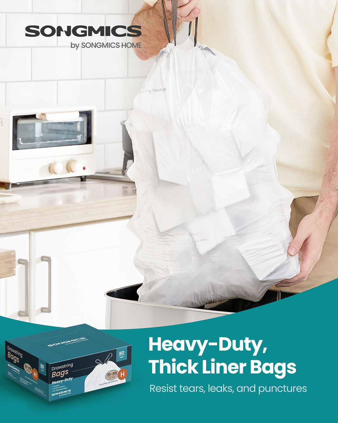 Trash Bags 8-Gallon with Drawstrings 80 Count Liner Code H Cream White