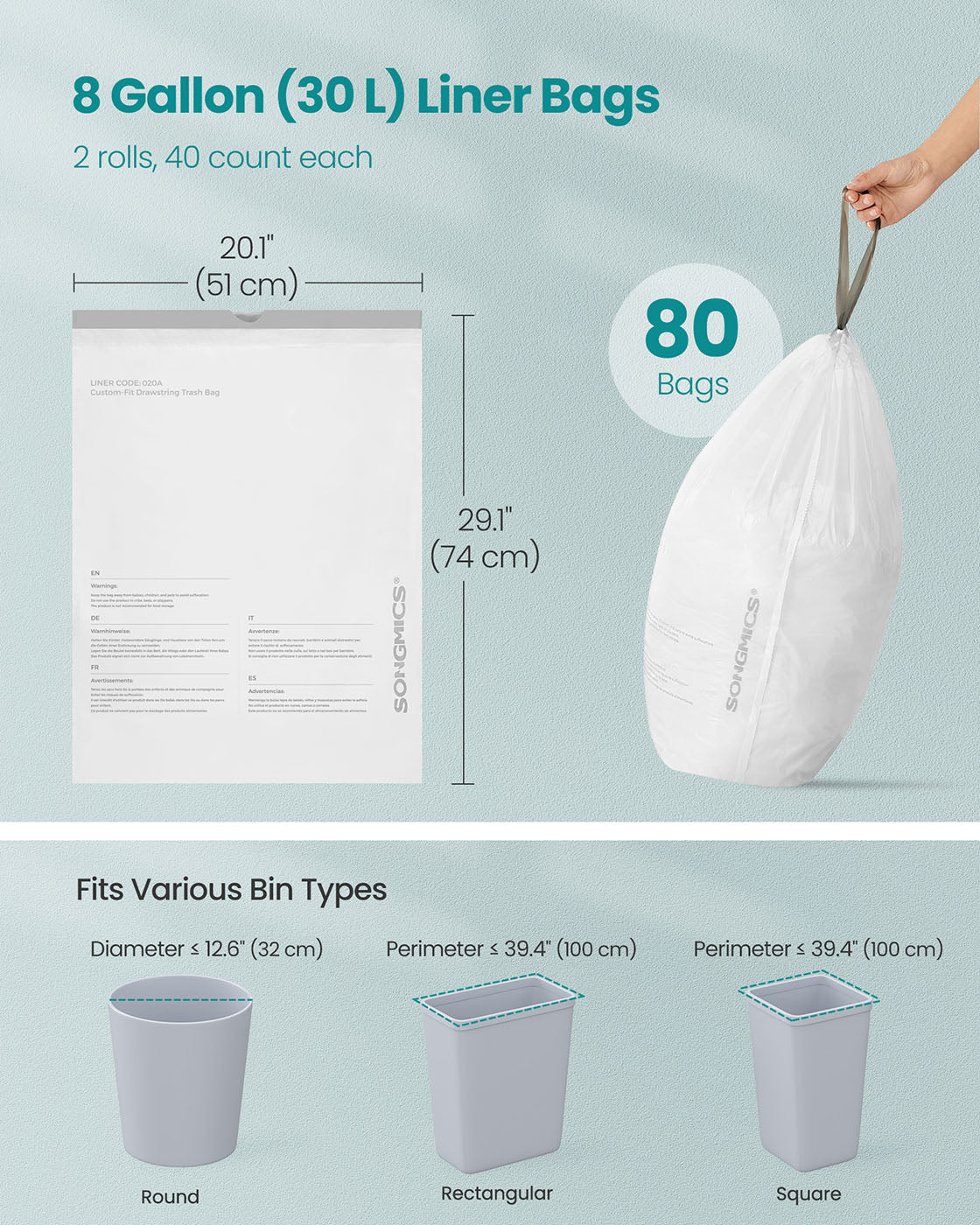 Trash Bags 8-Gallon with Drawstrings 80 Count Liner Code H Cream White