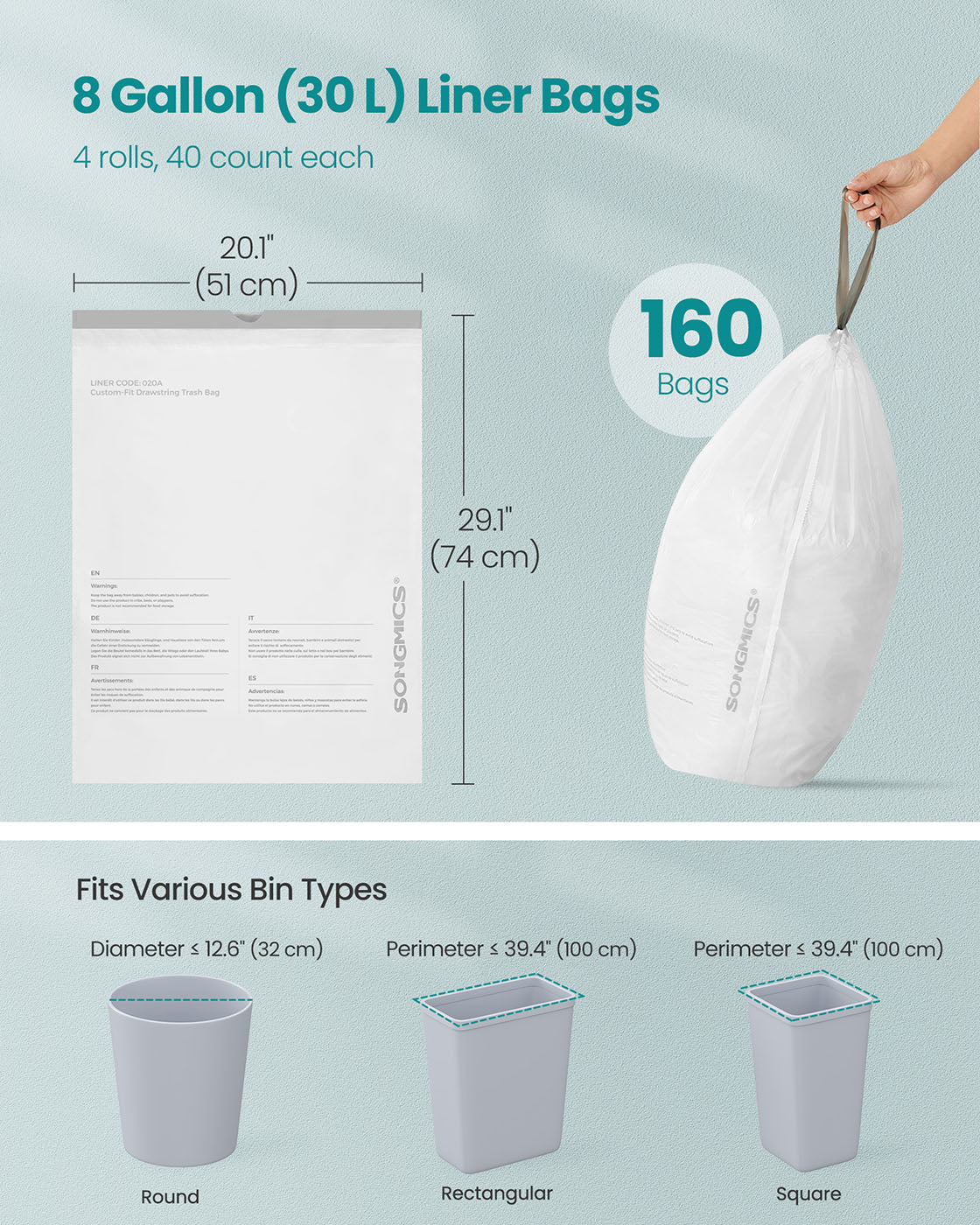 Trash Bags 8-Gallon with Drawstrings 160 Count Liner Code H Cream White