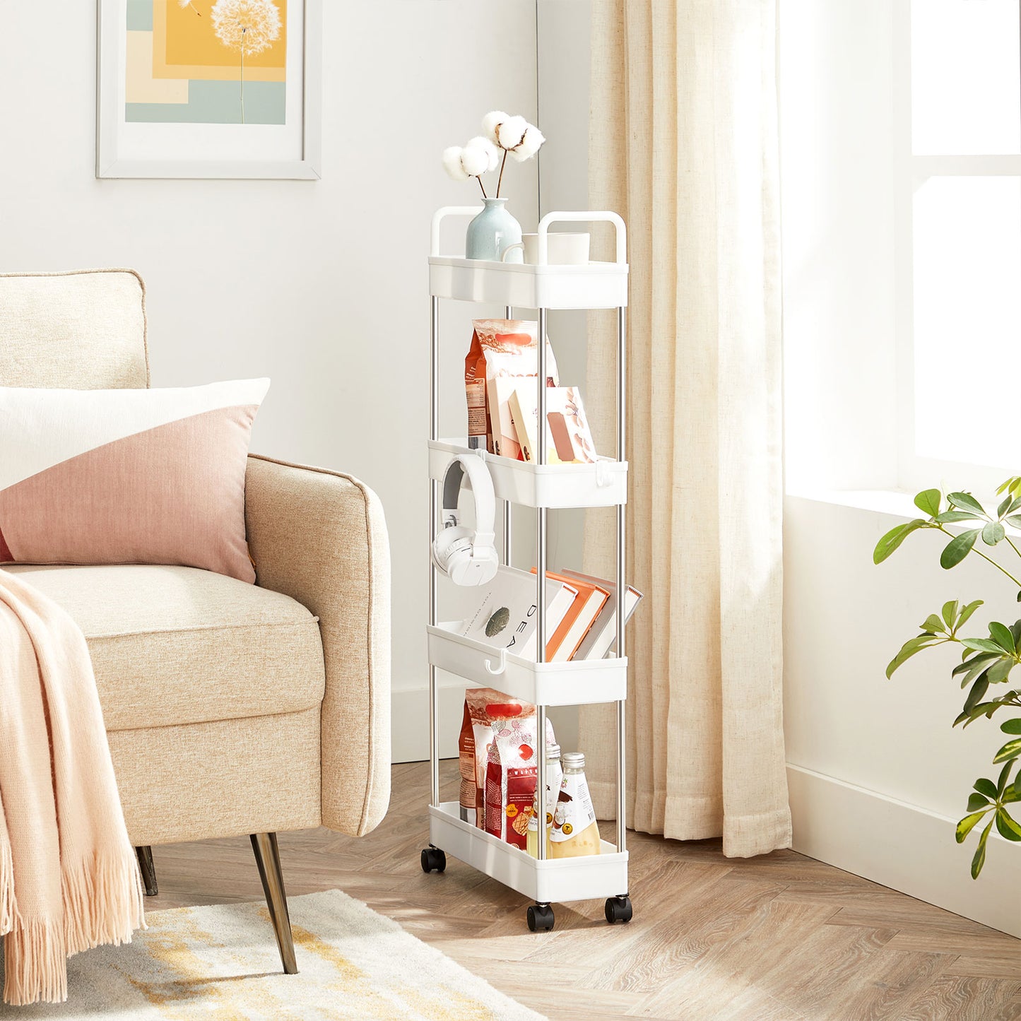 White Narrow Storage Cart with 4 Baskets & Handle - image 4