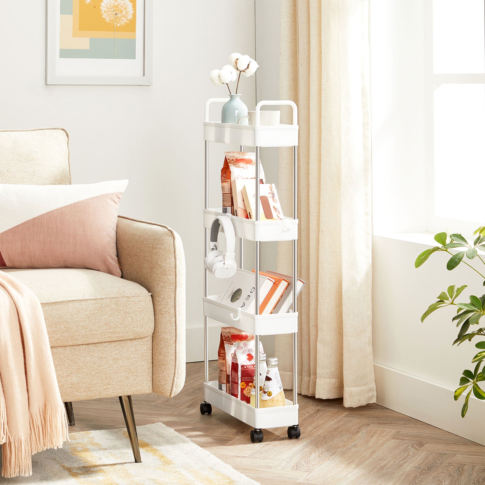 White Narrow Storage Cart with 4 Baskets & Handle - image 4