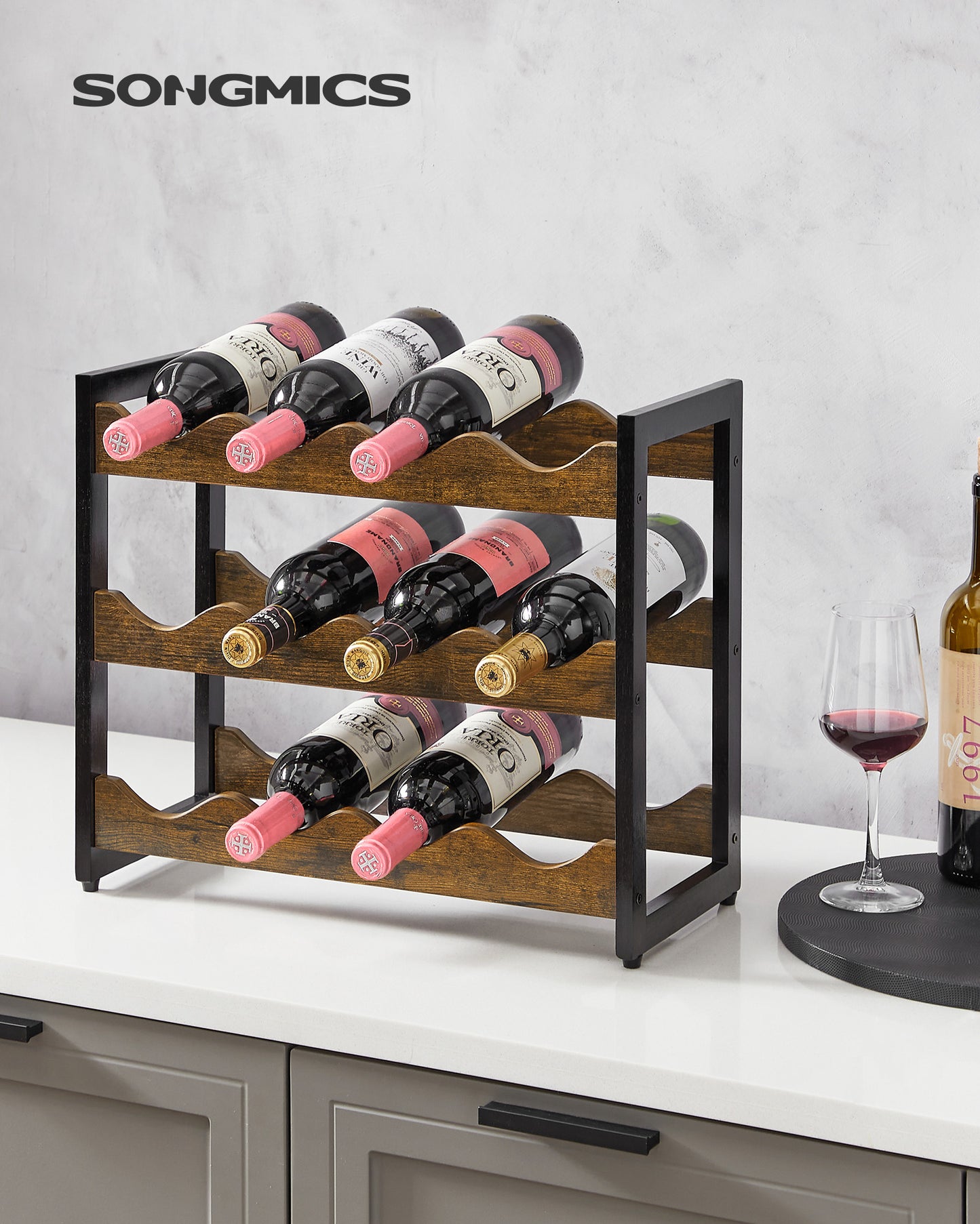 3-Tier Bamboo Wine Storage Rack Rustic Brown and Black - image 2