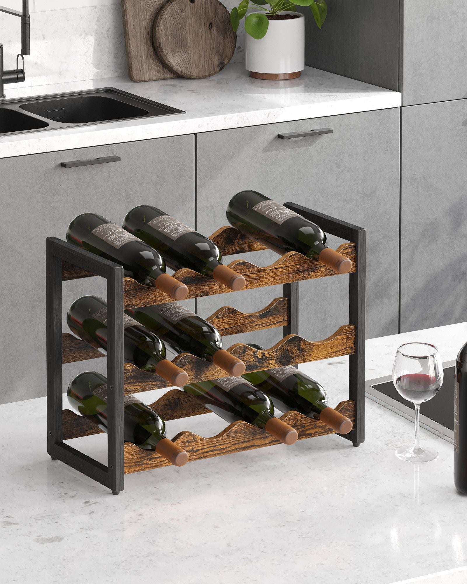 3-Tier Bamboo Wine Storage Rack Rustic Brown and Black - image 3