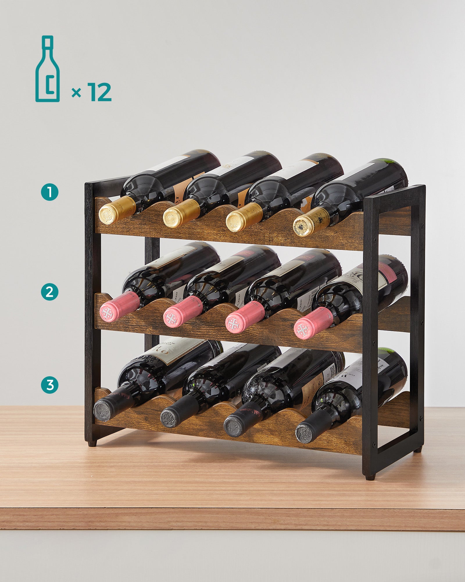 3-Tier Bamboo Wine Storage Rack Rustic Brown and Black - image 4