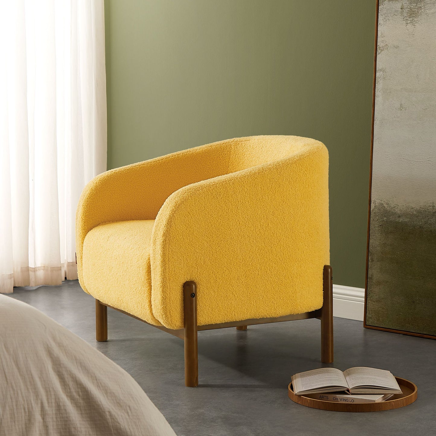 Accent Barrel Chair, Fleece Armchair with Solid Wood Legs