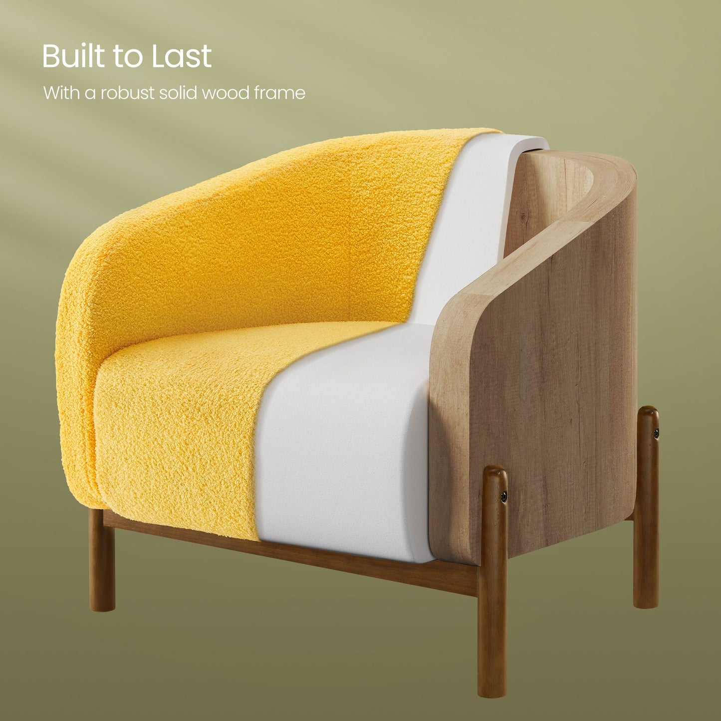 Accent Barrel Chair, Fleece Armchair with Solid Wood Legs