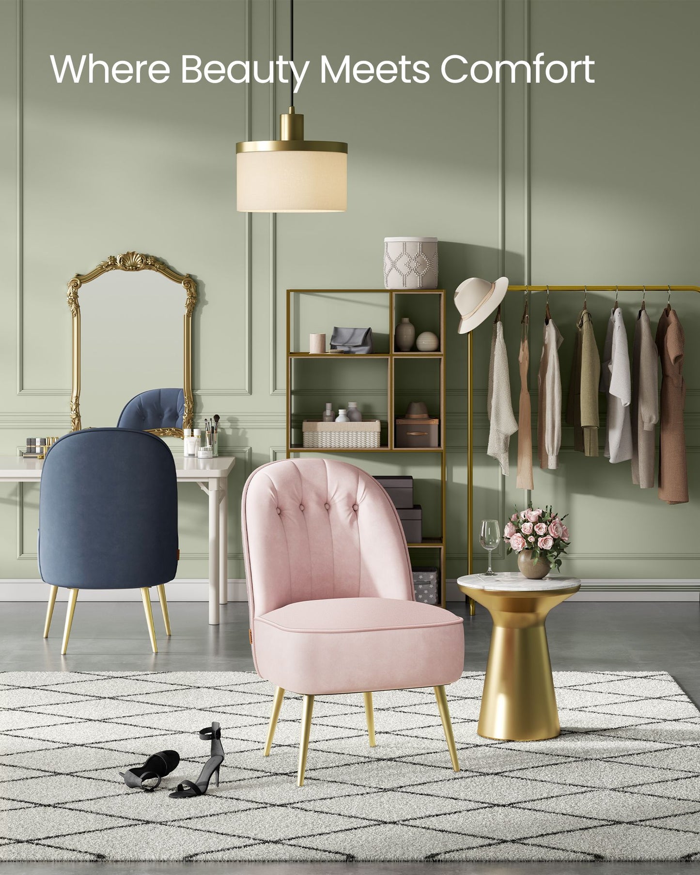Accent Chair, Velvet Vanity Chair with Metal Legs, Shell-Shaped Back, Wide Seat, Luxury Style