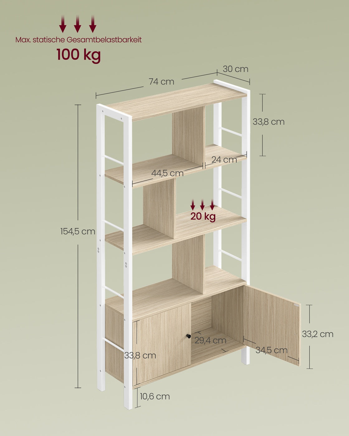 Bookshelf 4 Shelves Stable Steel Structure Natural Beige and Cloud White