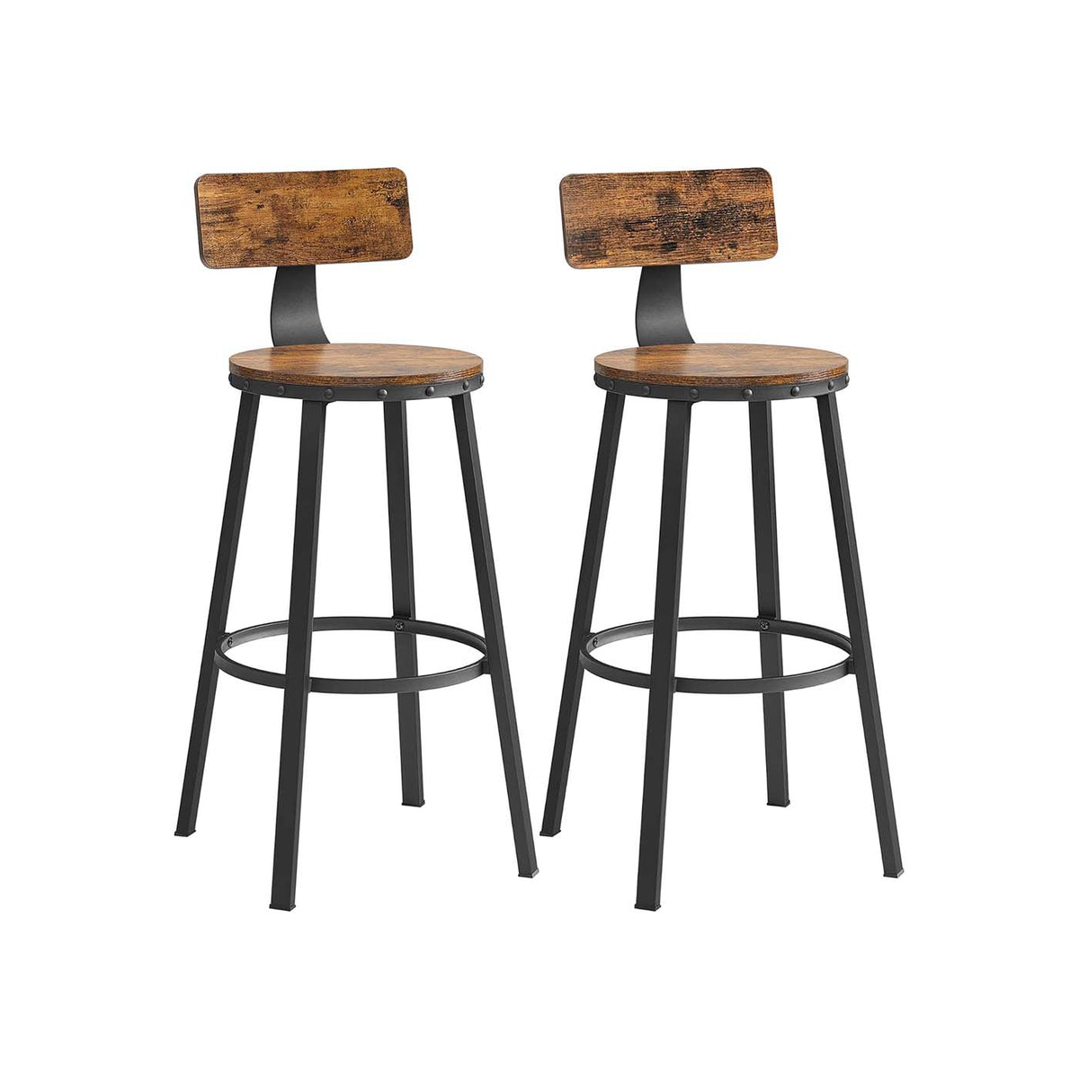 Set of 2 Industrial Brown Bar Stools with Backrests