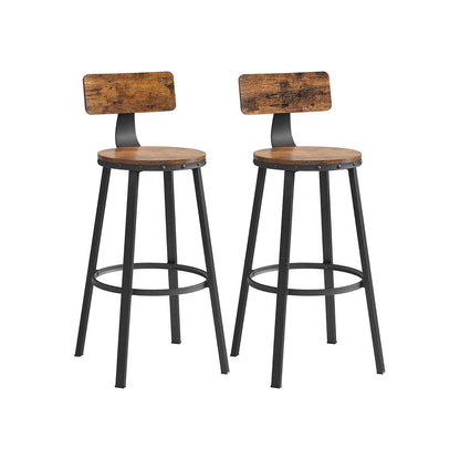 Set of 2 Industrial Brown Bar Stools with Backrests