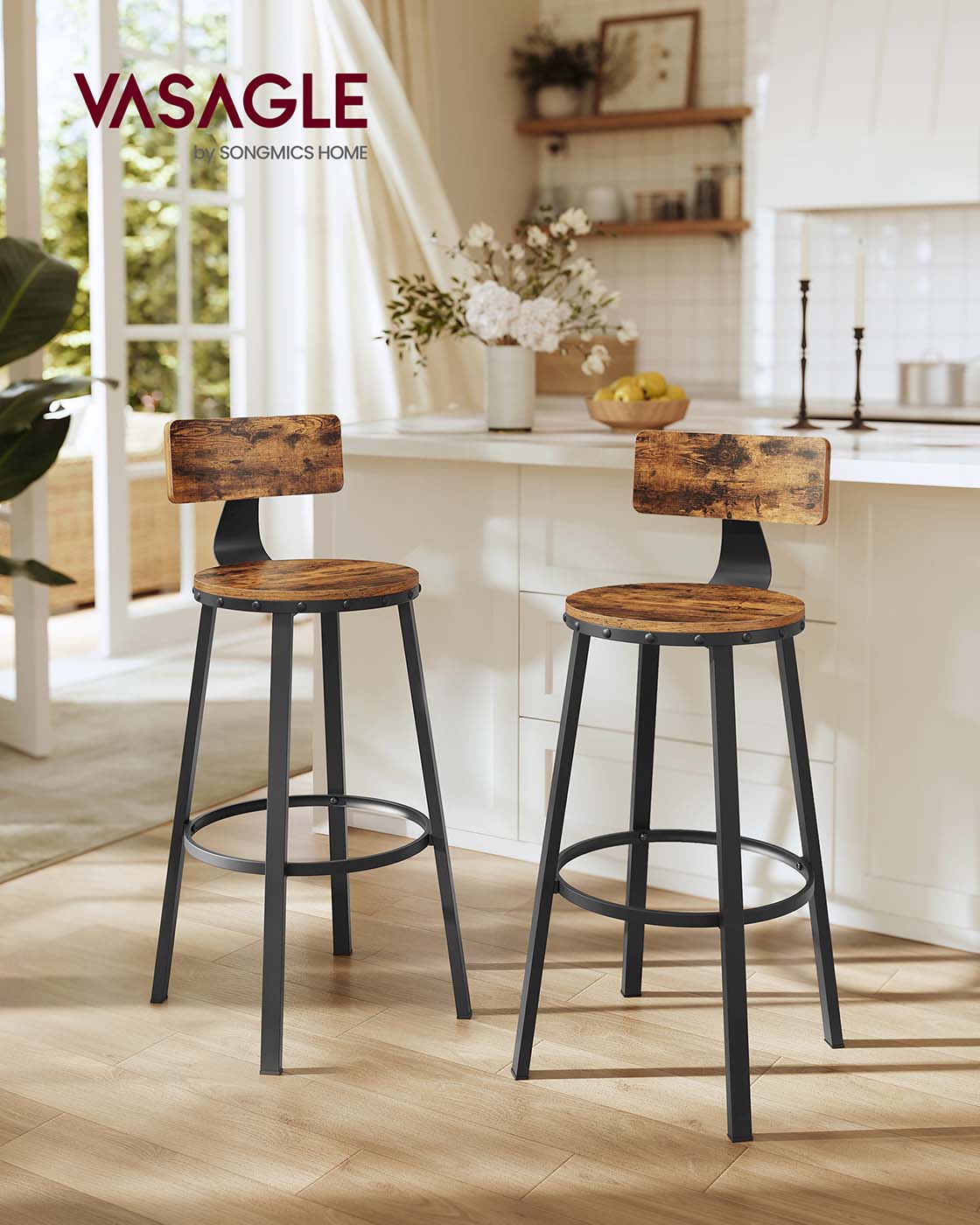Set of 2 Industrial Brown Bar Stools with Backrests