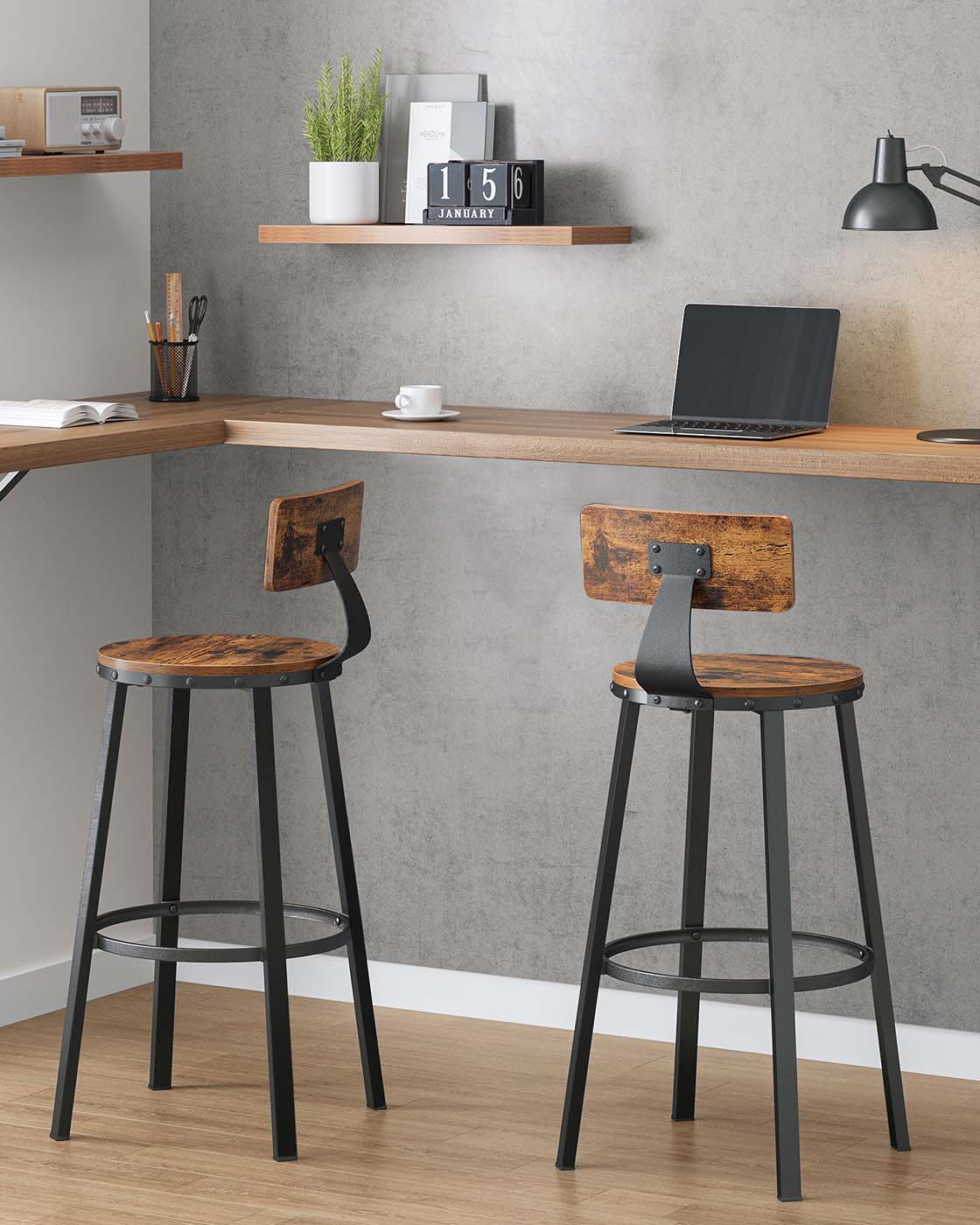 Set of 2 Industrial Brown Bar Stools with Backrests