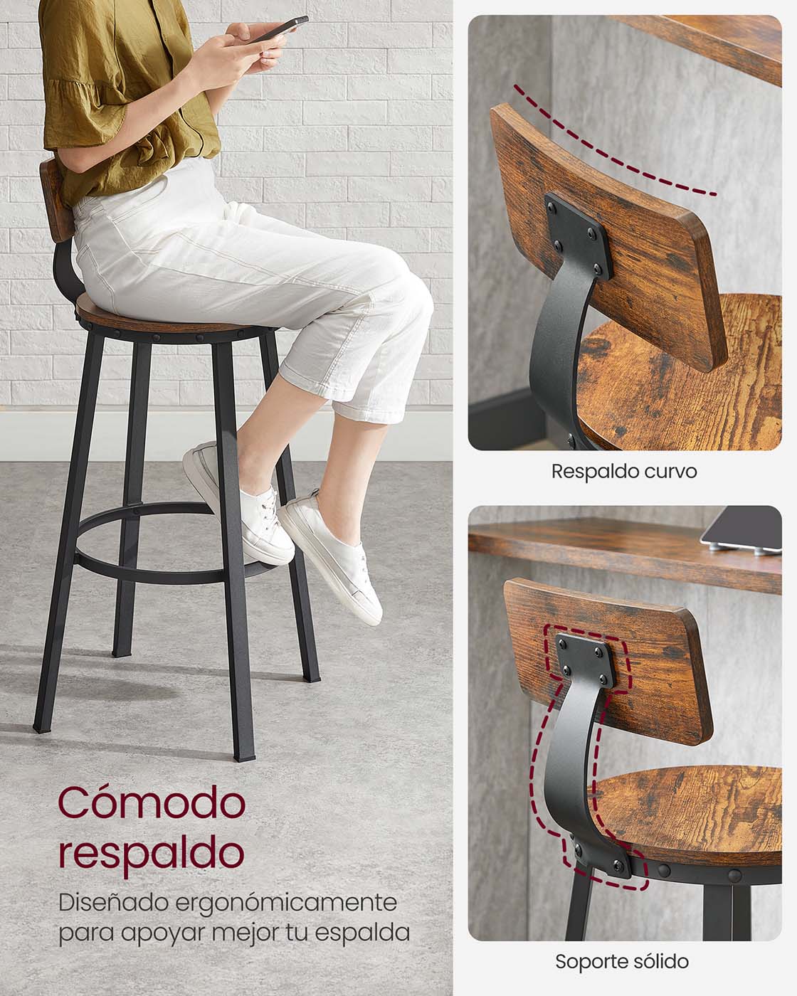 Set of 2 Industrial Brown Bar Stools with Backrests