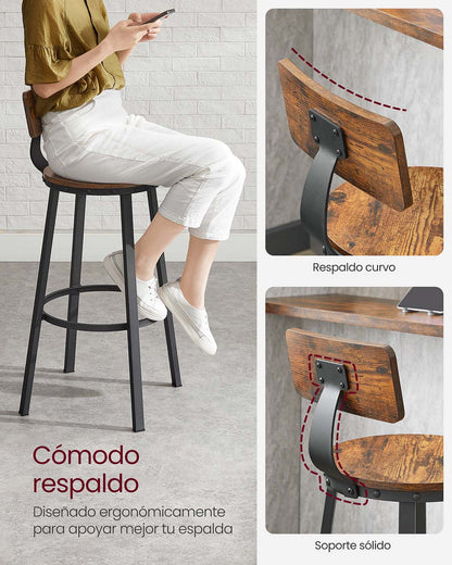 Set of 2 Industrial Brown Bar Stools with Backrests