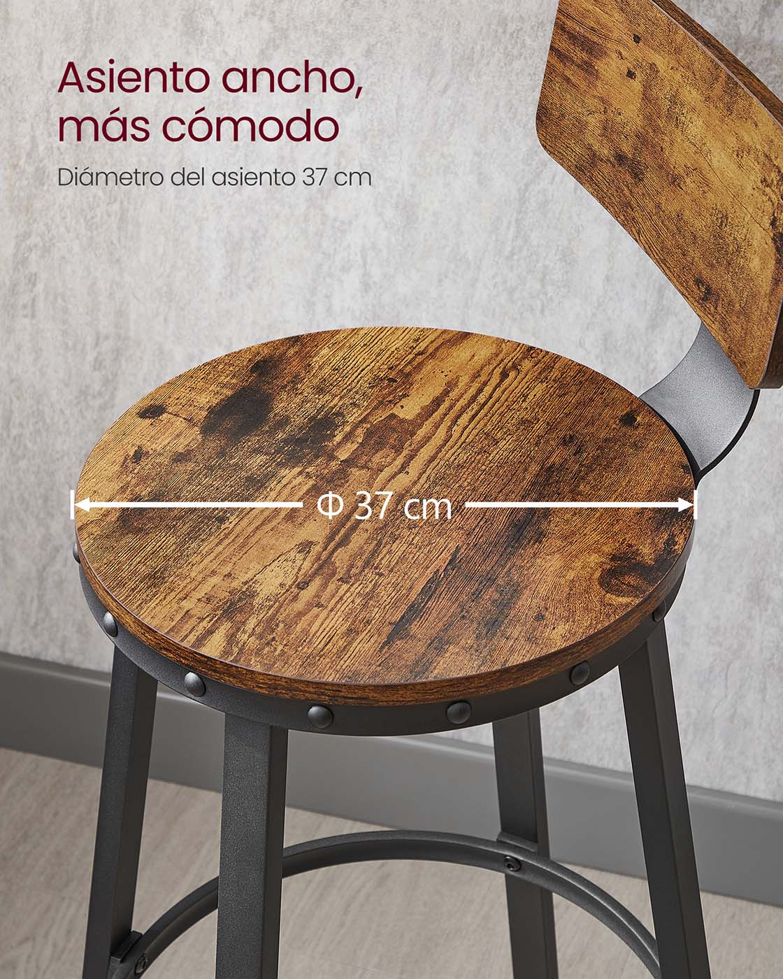 Set of 2 Industrial Brown Bar Stools with Backrests