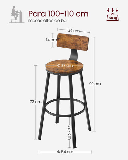 Set of 2 Industrial Brown Bar Stools with Backrests