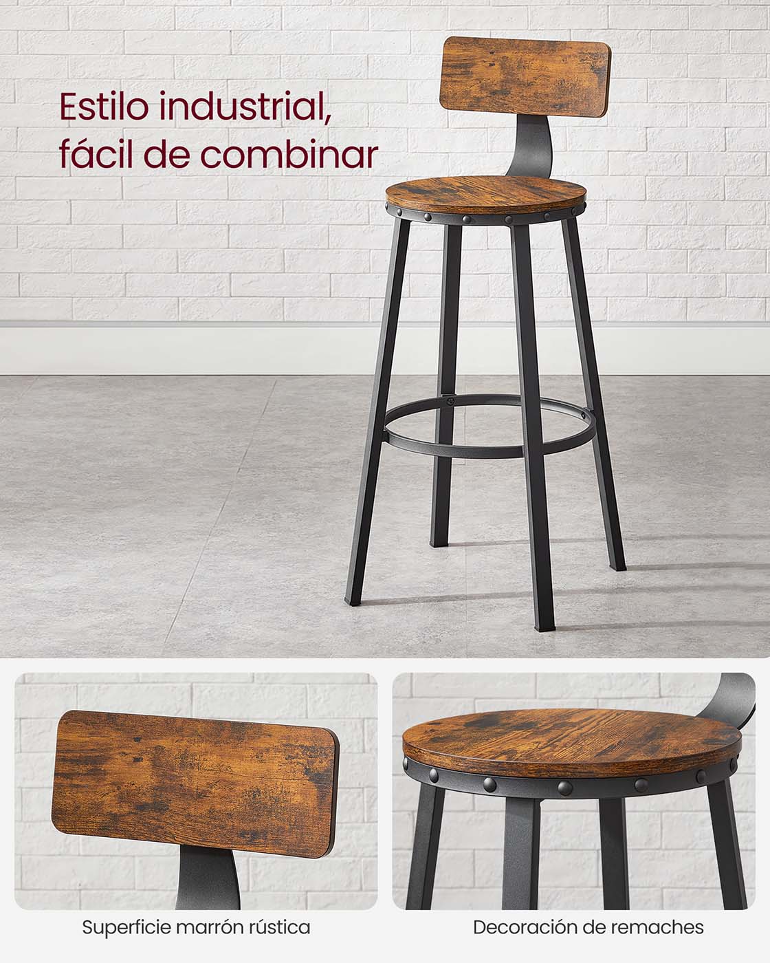 Set of 2 Industrial Brown Bar Stools with Backrests