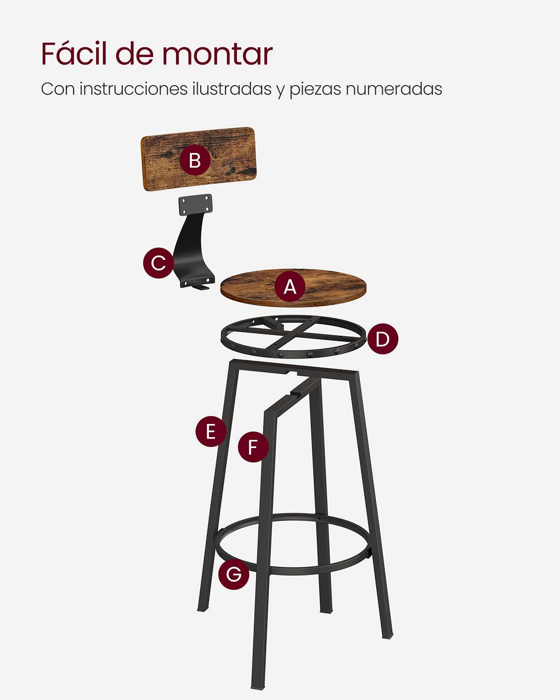 Set of 2 Industrial Brown Bar Stools with Backrests