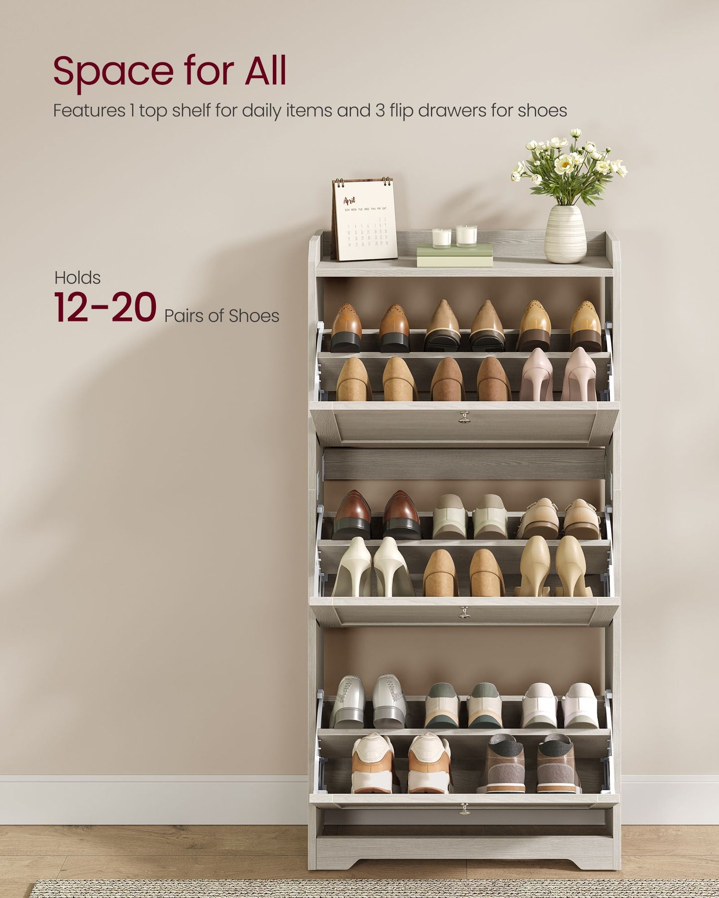 Shoe Cabinet with 3 Flip Drawers, Shoe Organizer