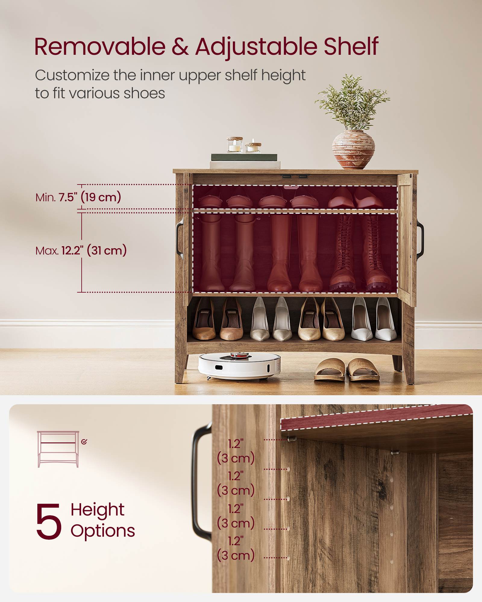 3-Tier Shoe Cabinet with Height-Adjustable Shelf - HWLEXTRA 