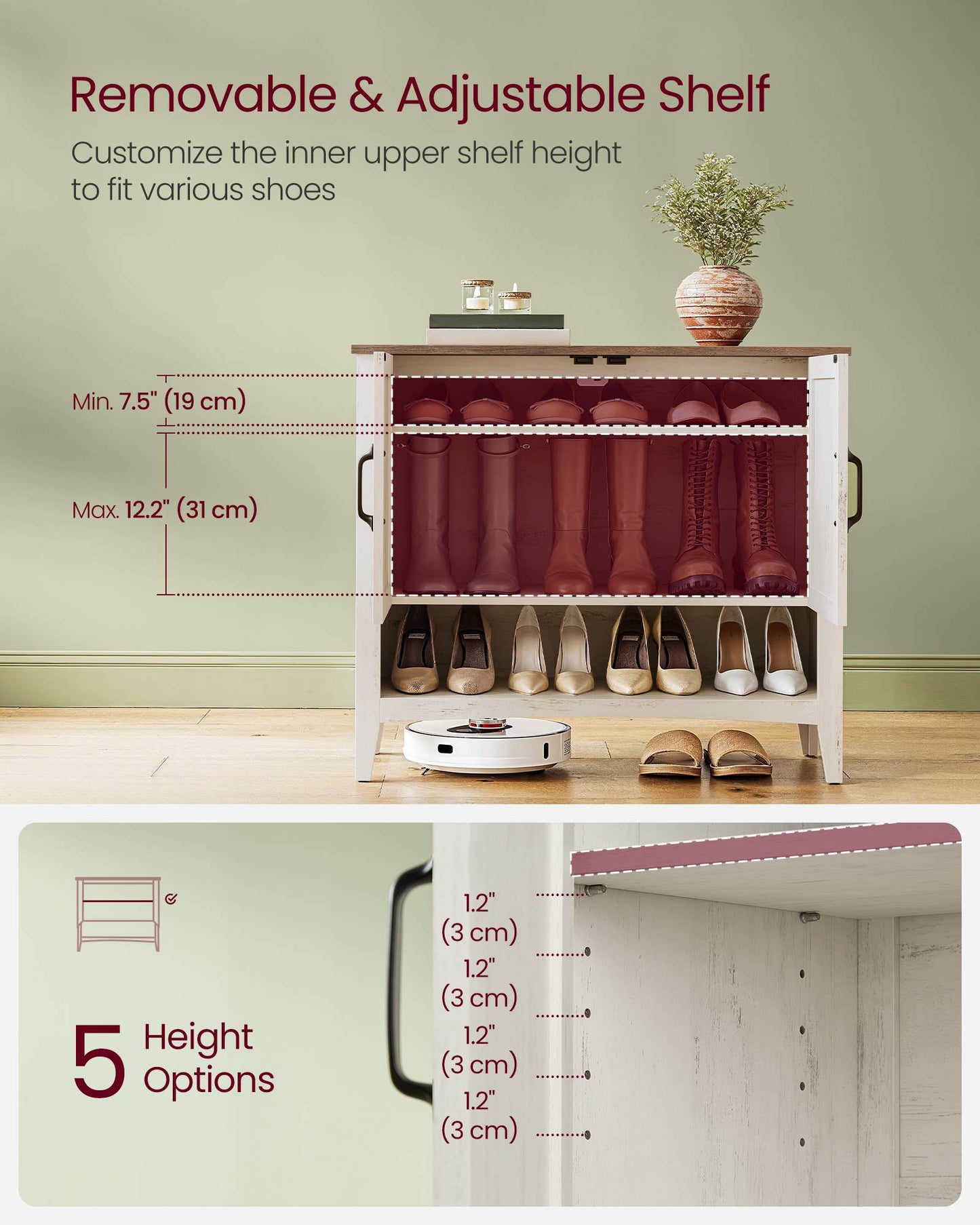3-Tier Shoe Cabinet with Height-Adjustable Shelf - HWLEXTRA 