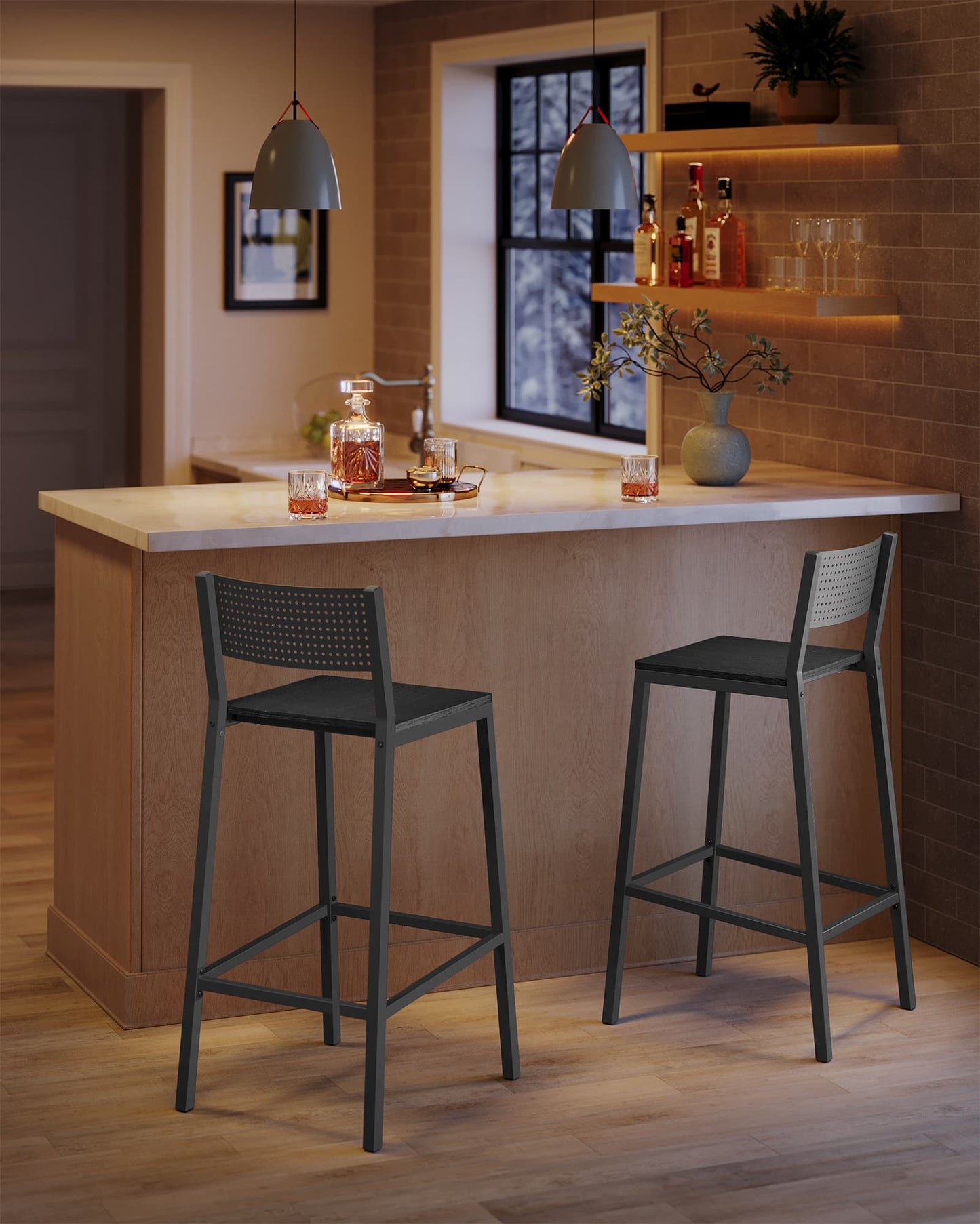 Industrial Bar Stools, Set of 2, Rustic Brown, 28.5" Seat, Ergonomic Backrest