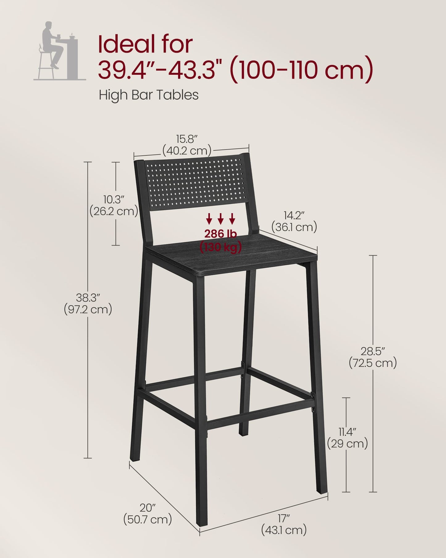 Industrial Bar Stools, Set of 2, Rustic Brown, 28.5" Seat, Ergonomic Backrest