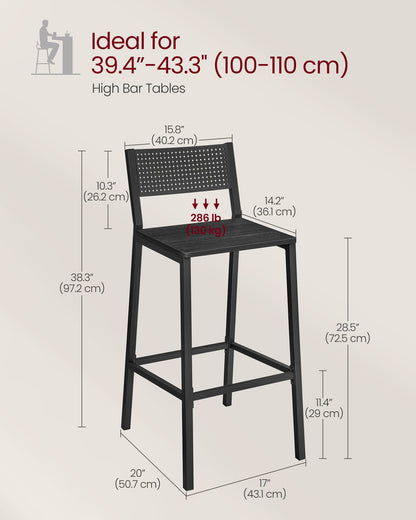Industrial Bar Stools, Set of 2, Rustic Brown, 28.5" Seat, Ergonomic Backrest