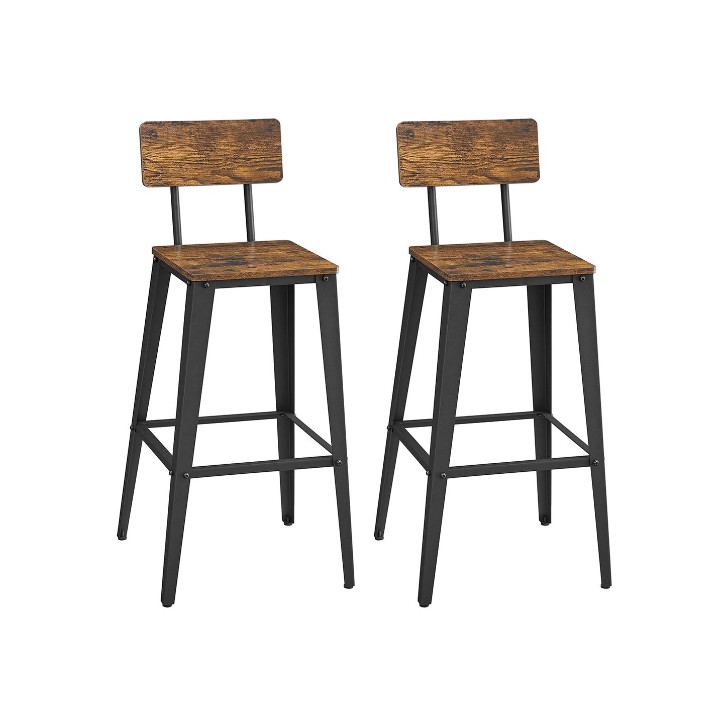Industrial Steel Bar Stools Set of 2 with Backrests - Easy Assembly Kitchen/Bar Stools in Rustic Brown & Black - image 1