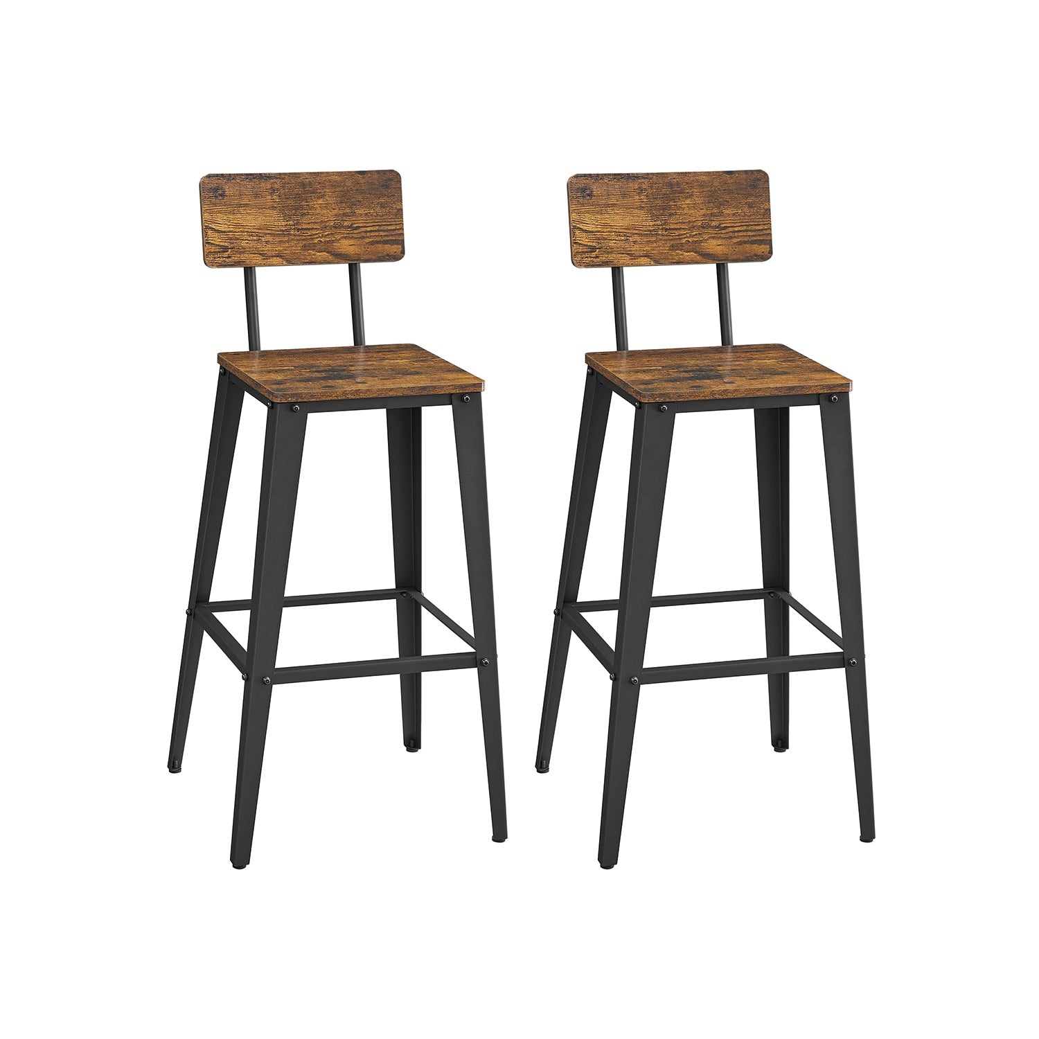 Industrial Steel Bar Stools Set of 2 with Backrests - Easy Assembly Kitchen/Bar Stools in Rustic Brown & Black - image 1