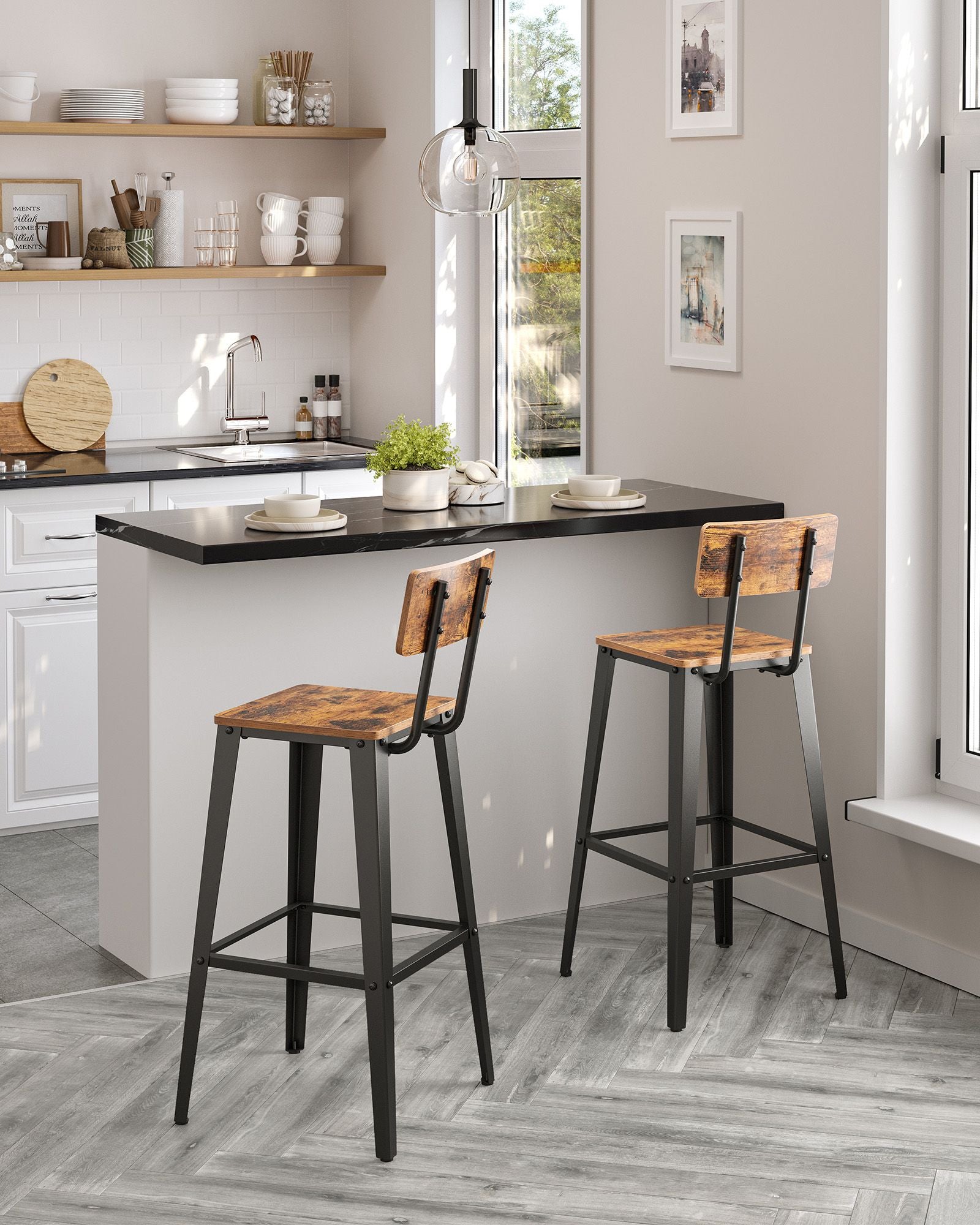 Industrial Steel Bar Stools Set of 2 with Backrests - Easy Assembly Kitchen/Bar Stools in Rustic Brown & Black - image 2