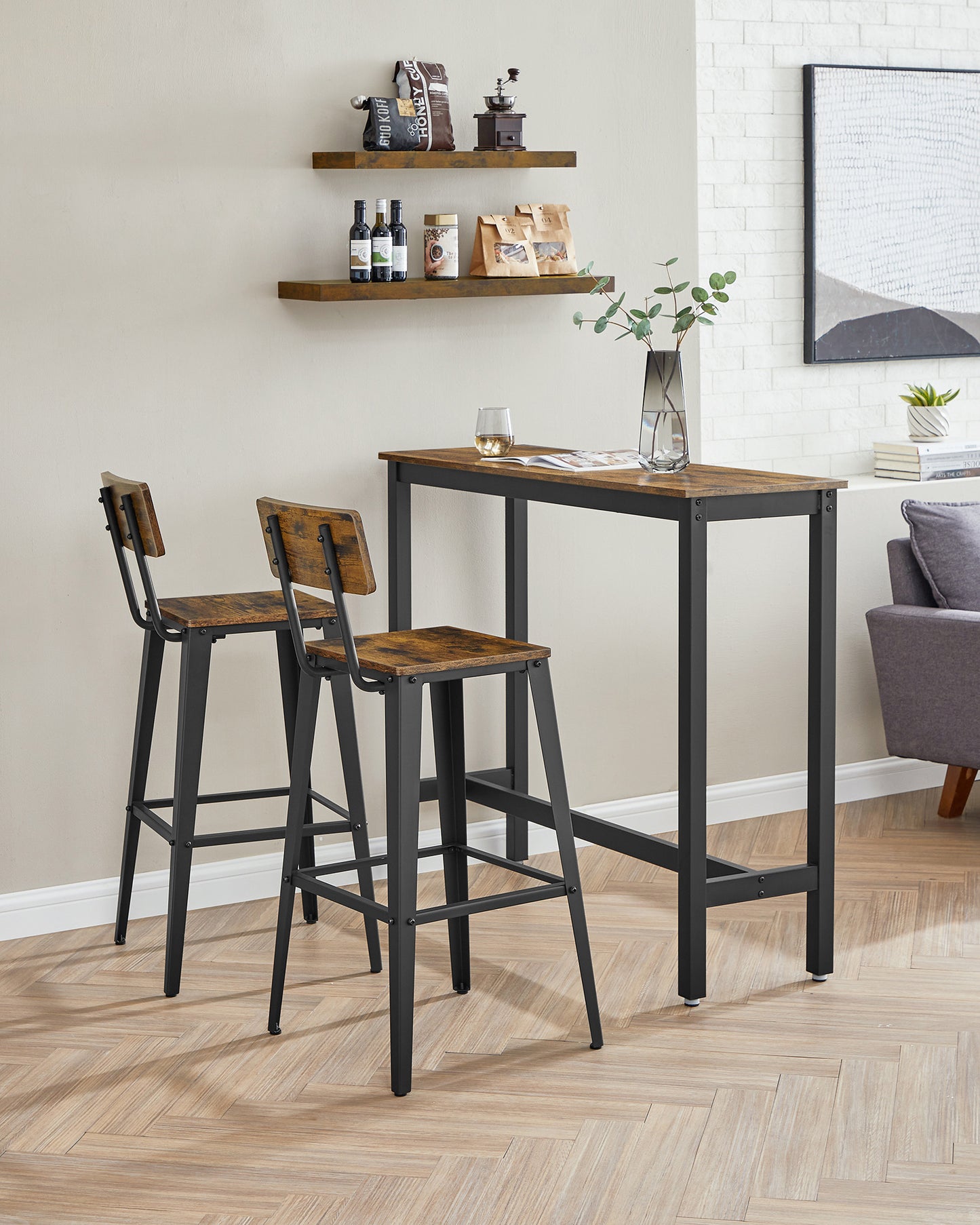 Industrial Steel Bar Stools Set of 2 with Backrests - Easy Assembly Kitchen/Bar Stools in Rustic Brown & Black - image 3