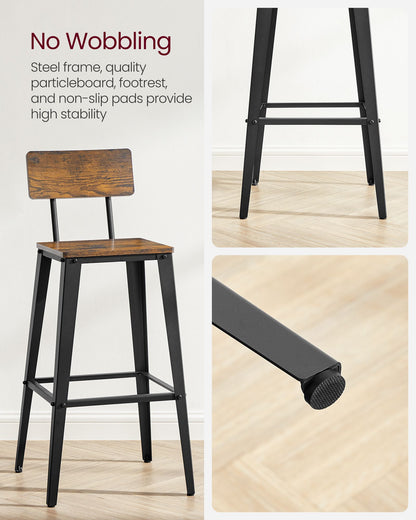 Industrial Steel Bar Stools Set of 2 with Backrests - Easy Assembly Kitchen/Bar Stools in Rustic Brown & Black - image 4