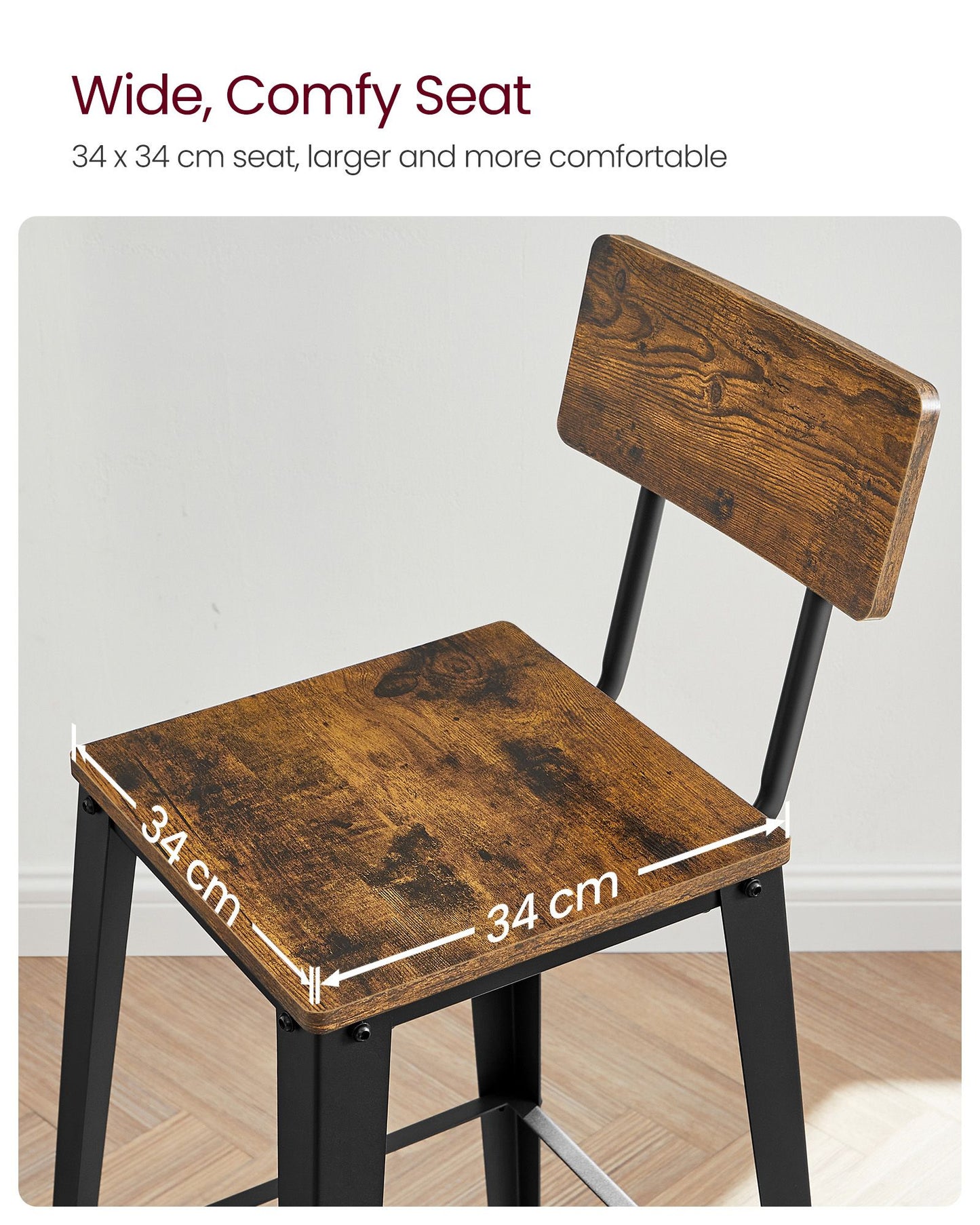 Industrial Steel Bar Stools Set of 2 with Backrests - Easy Assembly Kitchen/Bar Stools in Rustic Brown & Black - image 5