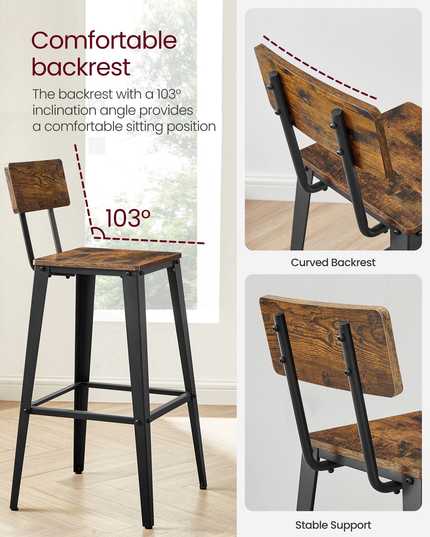Industrial Steel Bar Stools Set of 2 with Backrests - Easy Assembly Kitchen/Bar Stools in Rustic Brown & Black - image 6