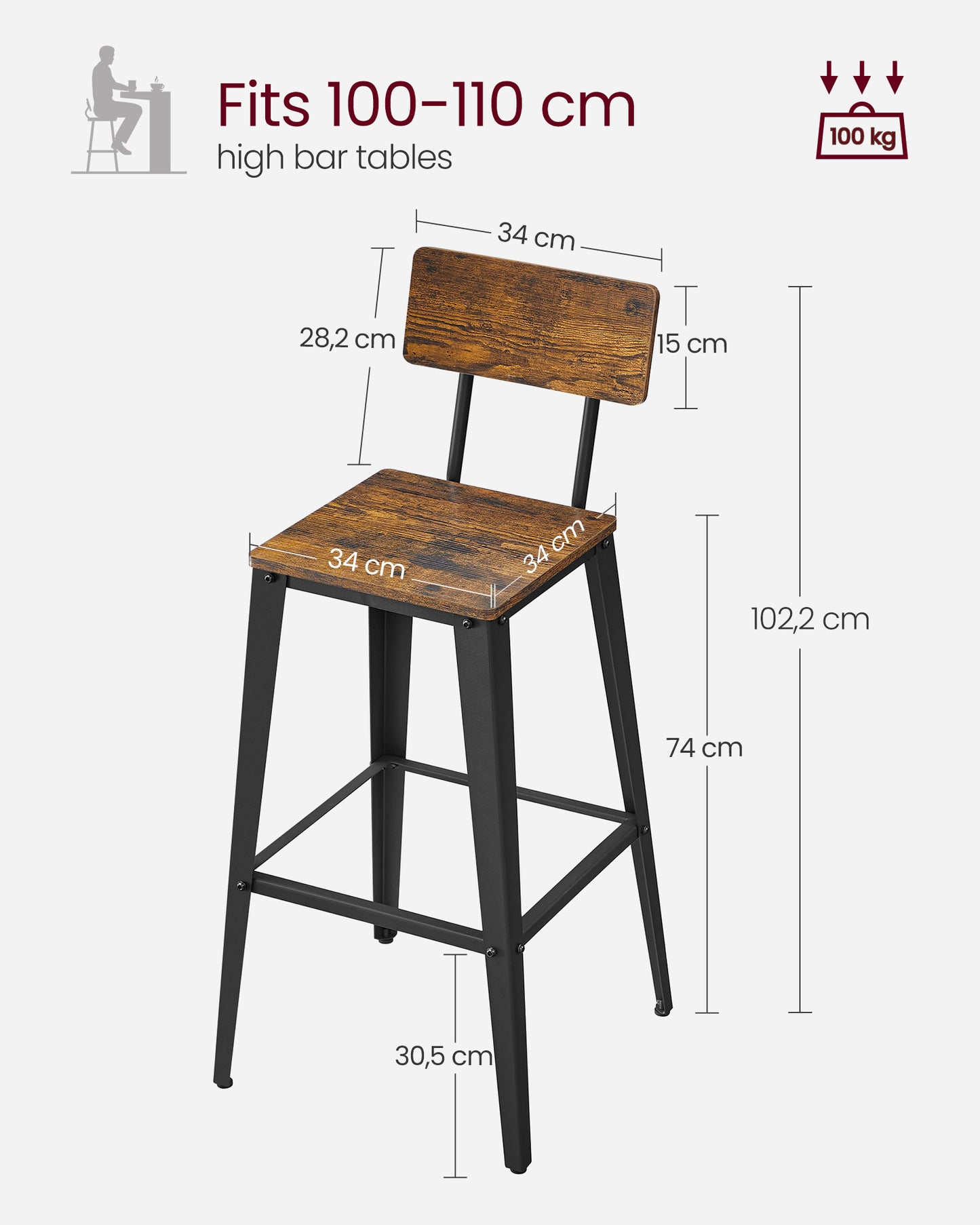 Industrial Steel Bar Stools Set of 2 with Backrests - Easy Assembly Kitchen/Bar Stools in Rustic Brown & Black - image 9