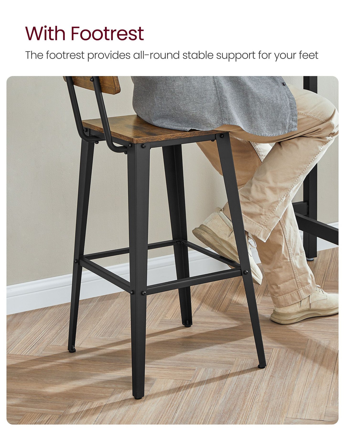 Industrial Steel Bar Stools Set of 2 with Backrests - Easy Assembly Kitchen/Bar Stools in Rustic Brown & Black - image 7