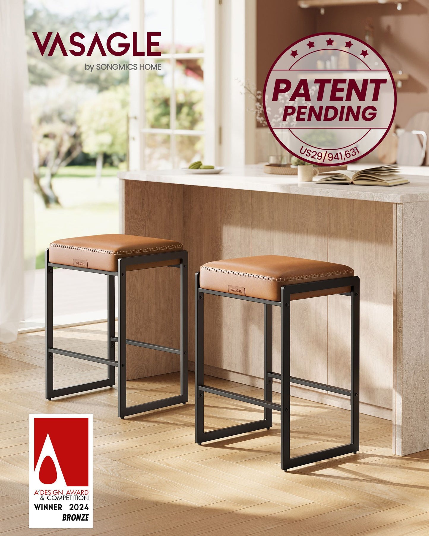 EKHO Collection Bar Stools Set of 4, Counter Height Bar Stools, Caramel Brown