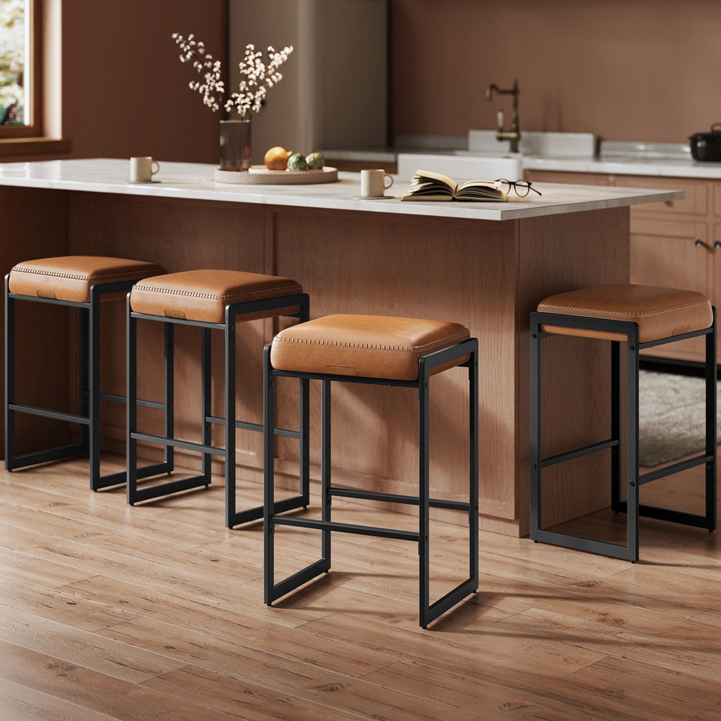 EKHO Collection Bar Stools Set of 4, Counter Height Bar Stools, Caramel Brown
