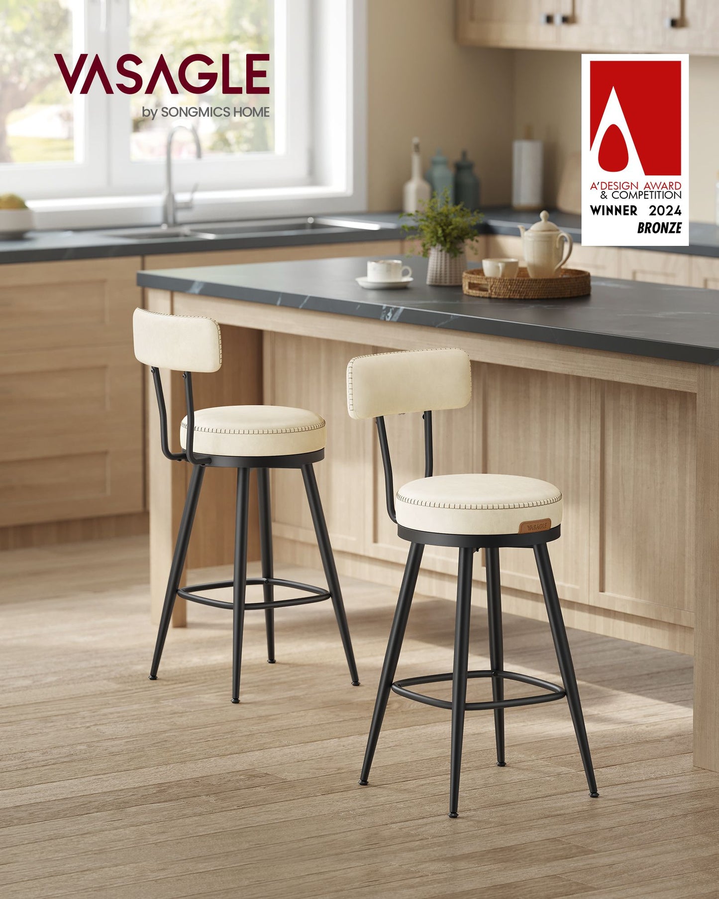 EKHO Collection - Bar Stools Set of 2 Swivel 25.6-Inch Tall Cream White