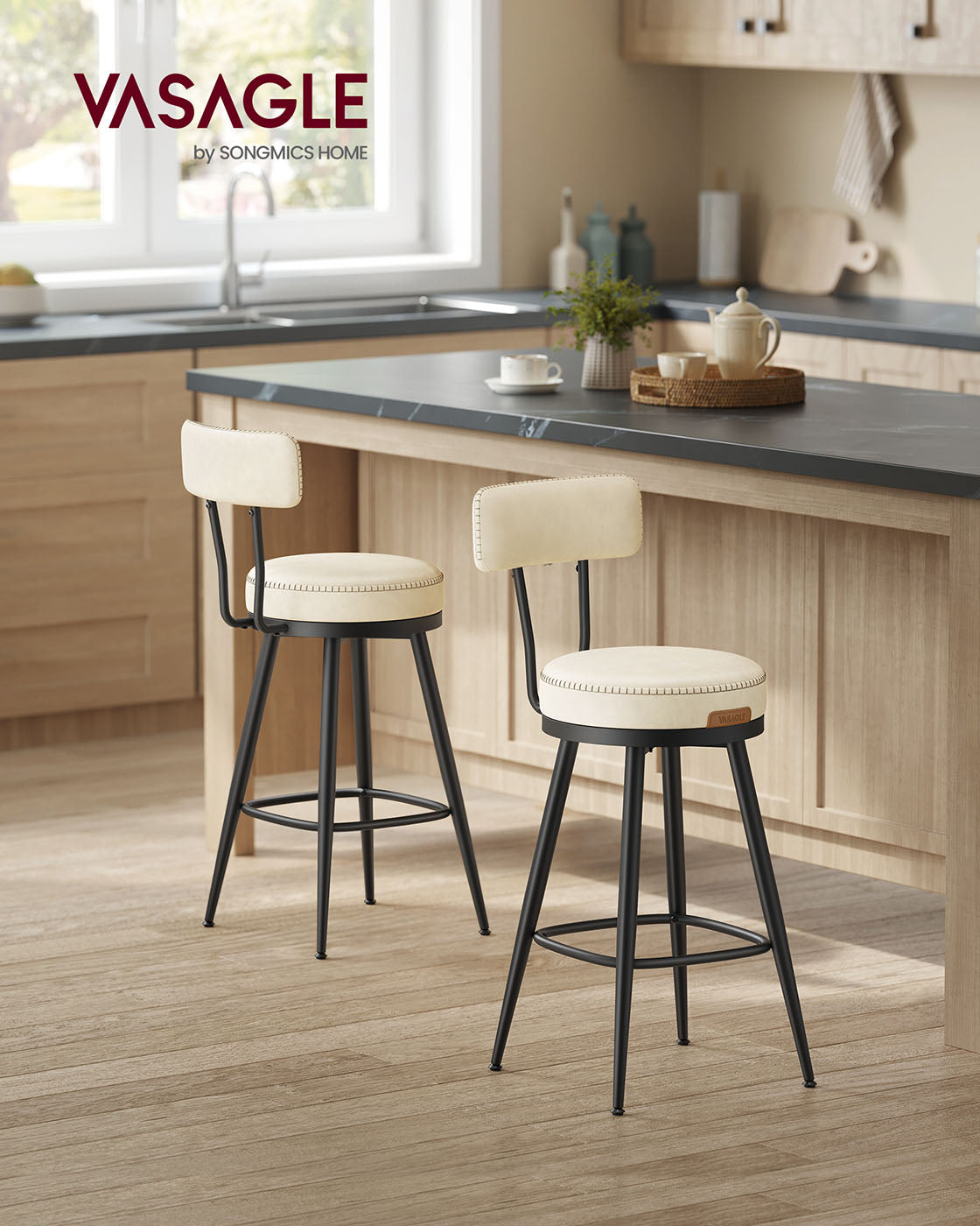 EKHO Collection - Bar Stools Set of 2 Swivel 25.6-Inch Tall Cream White