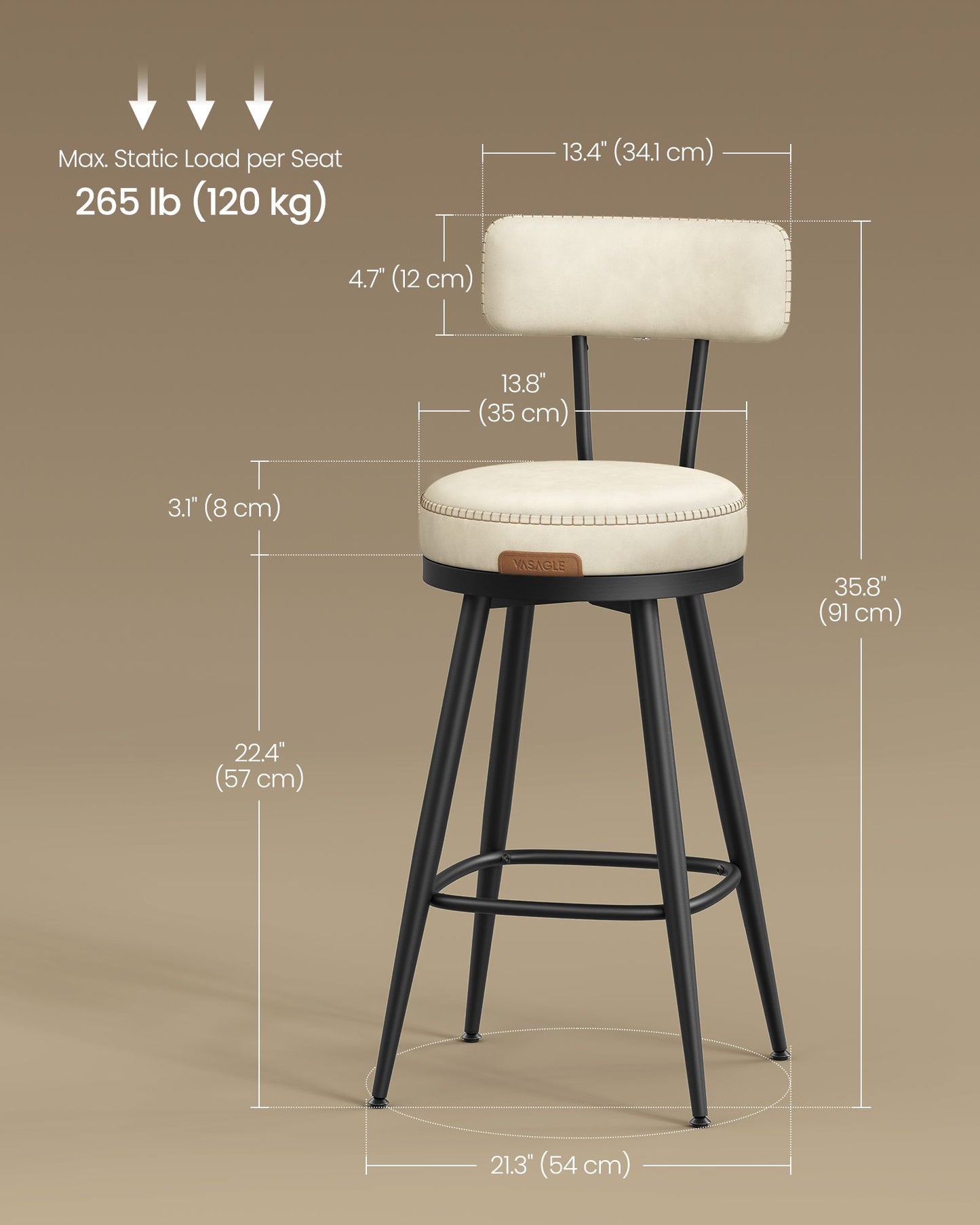 EKHO Collection - Bar Stools Set of 2 Swivel 25.6-Inch Tall Cream White