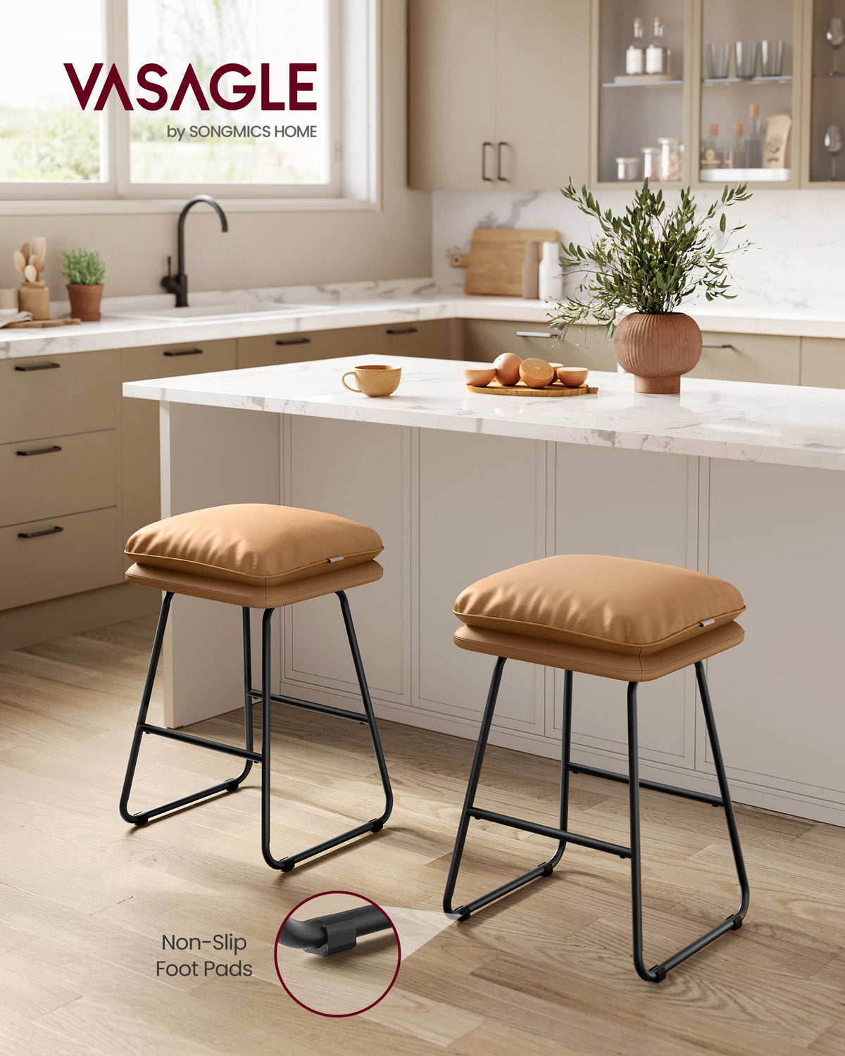 Counter Stools Set of 2 with Soft Cushion and Sled Base Caramel Brown