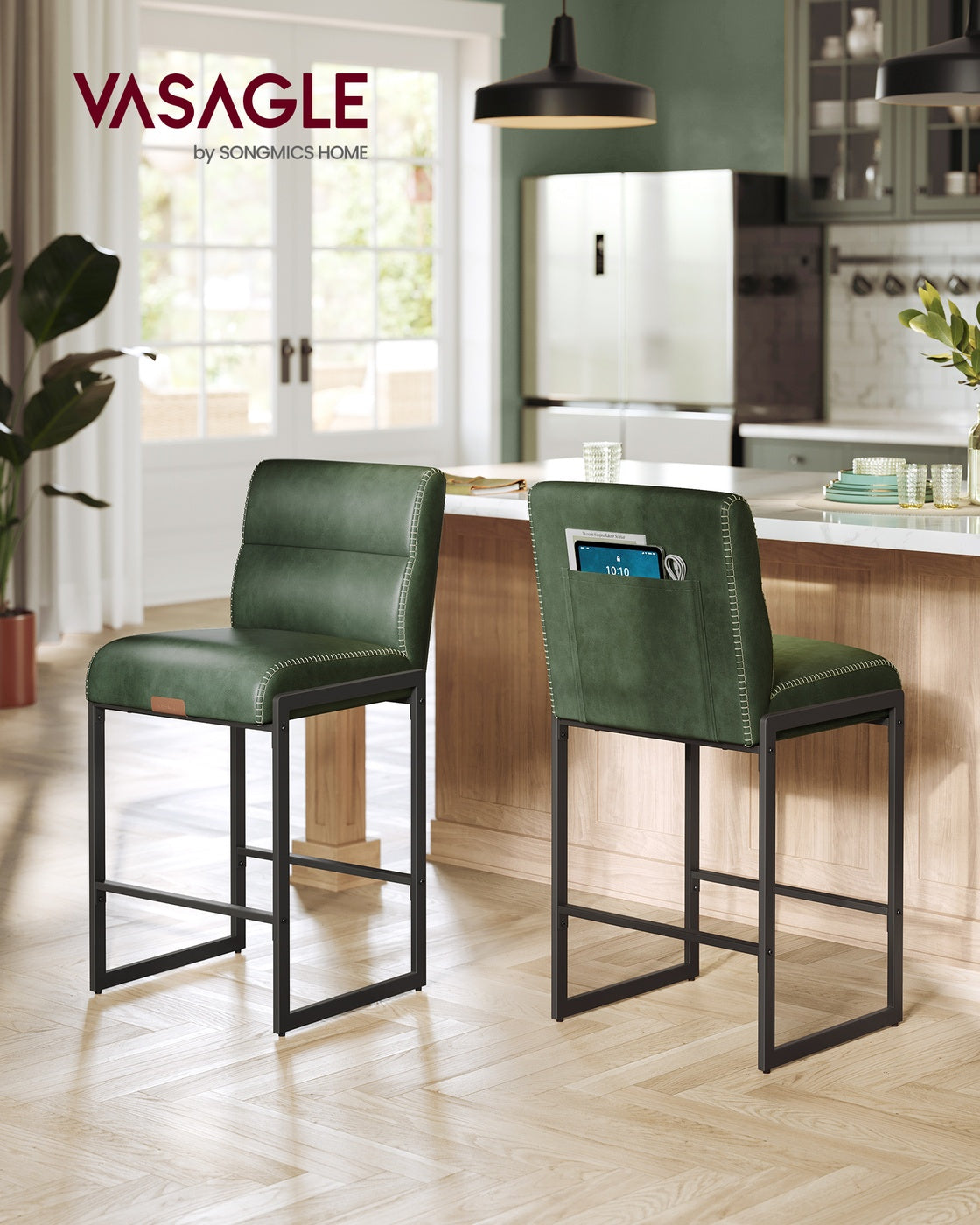 EKHO Collection - Bar Stools Set of 2, Counter Height Stools with Backs, Forest Green - HWLEXTRA 