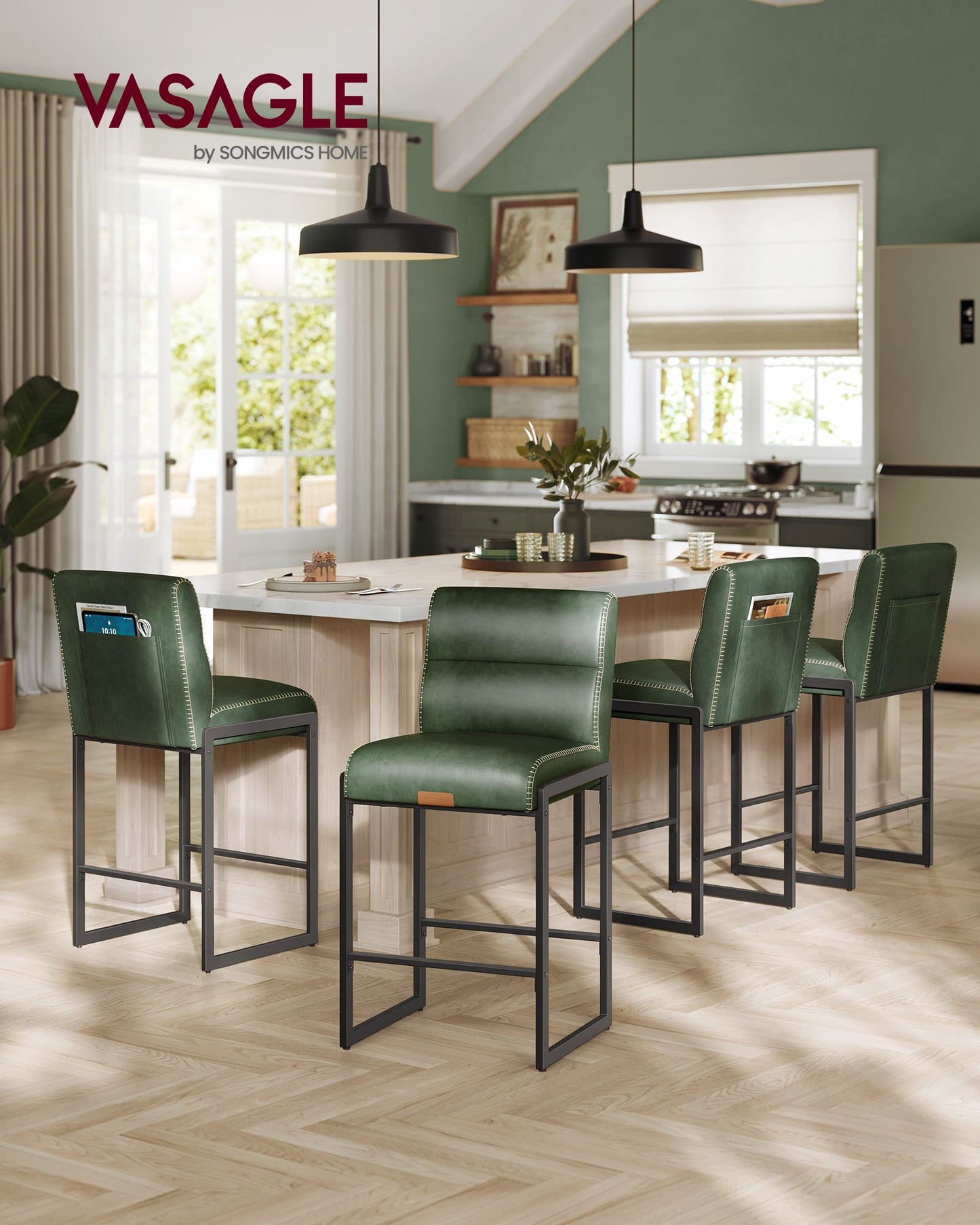 EKHO Collection - Bar Stools Set of 4, Counter Height Stools with Backs, Forest Green