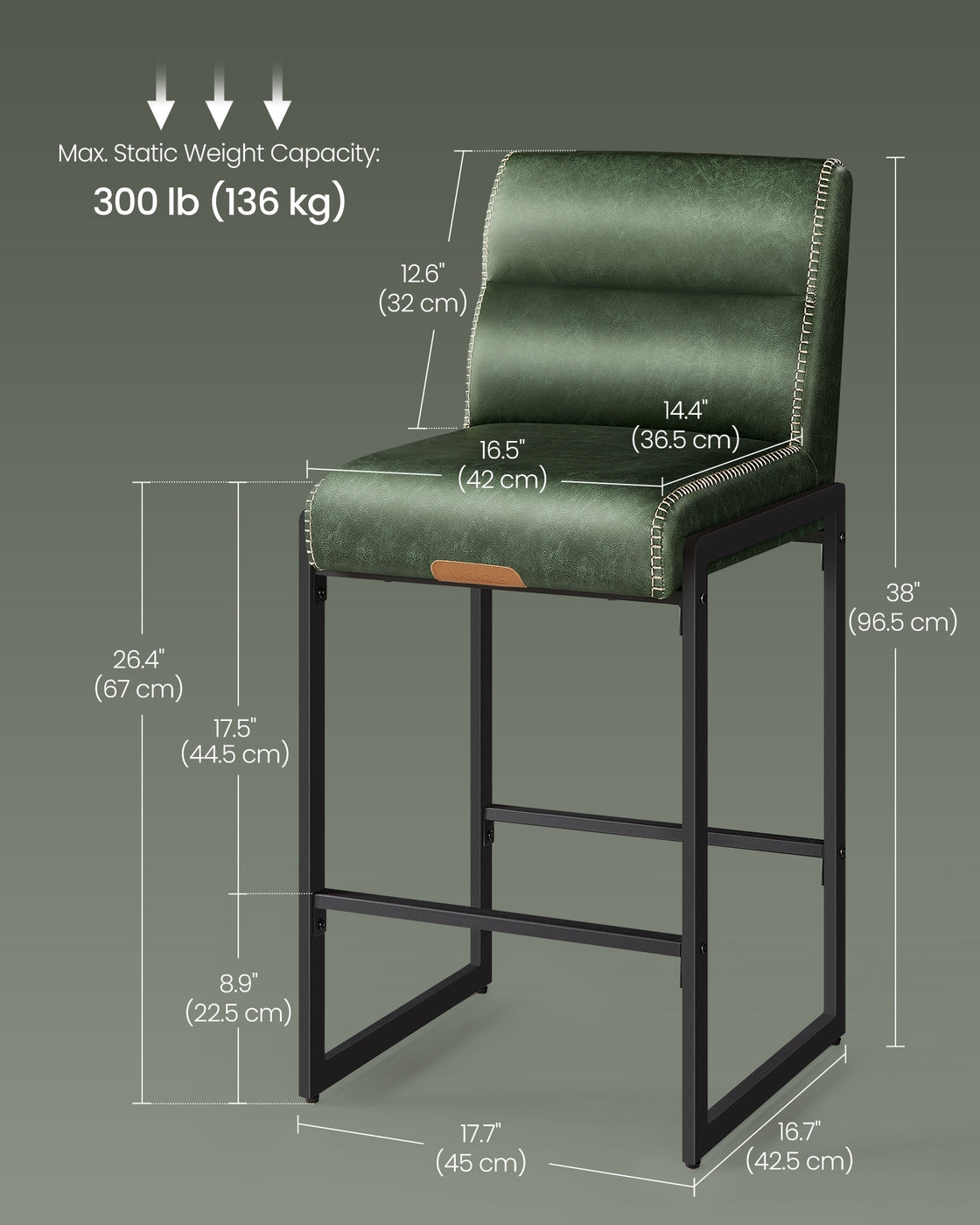 EKHO Collection - Bar Stools Set of 2, Counter Height Stools with Backs, Forest Green - HWLEXTRA 