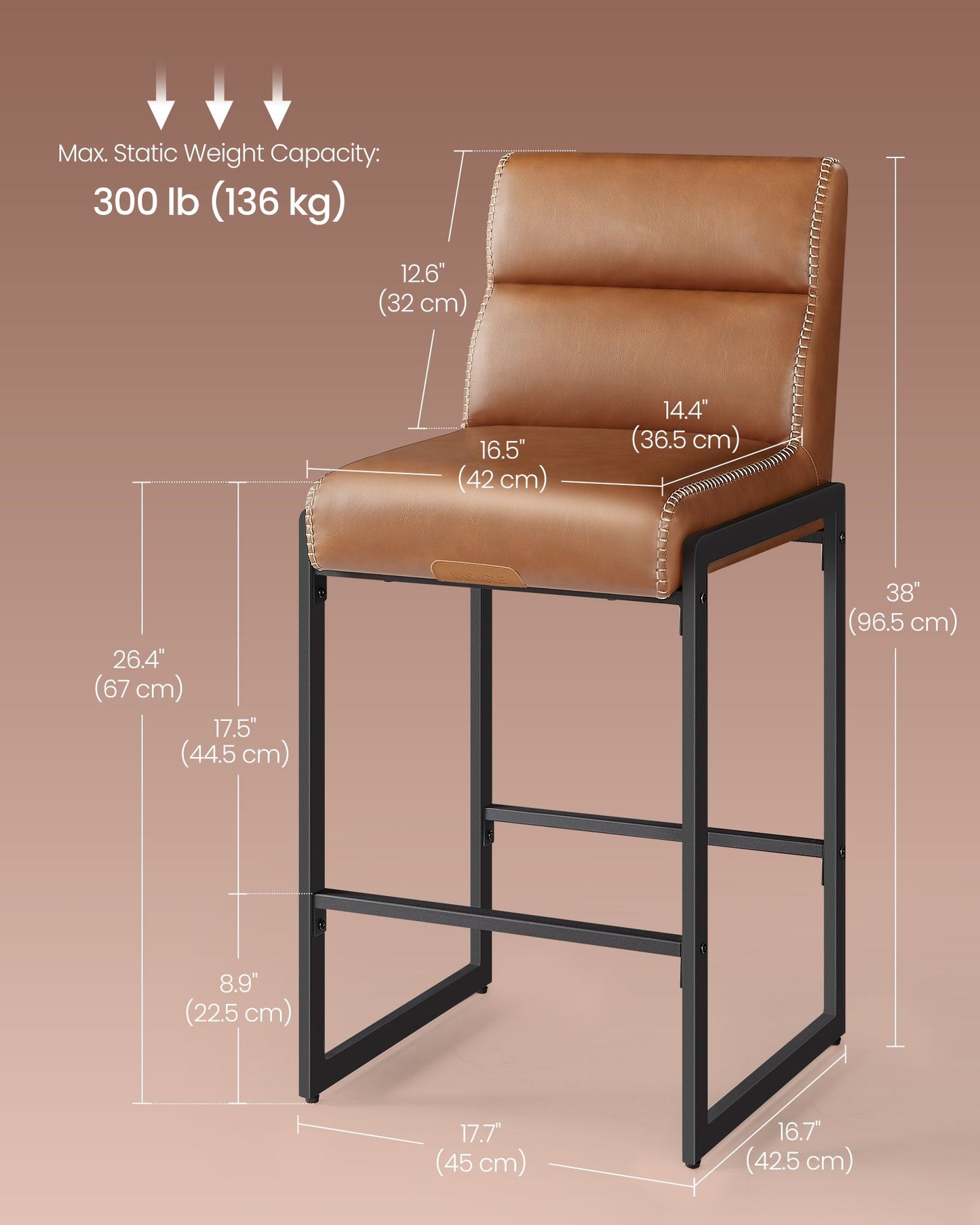 EKHO Collection - Bar Stools Set of 4, Counter Height Stools with Backs, Caramel Brown