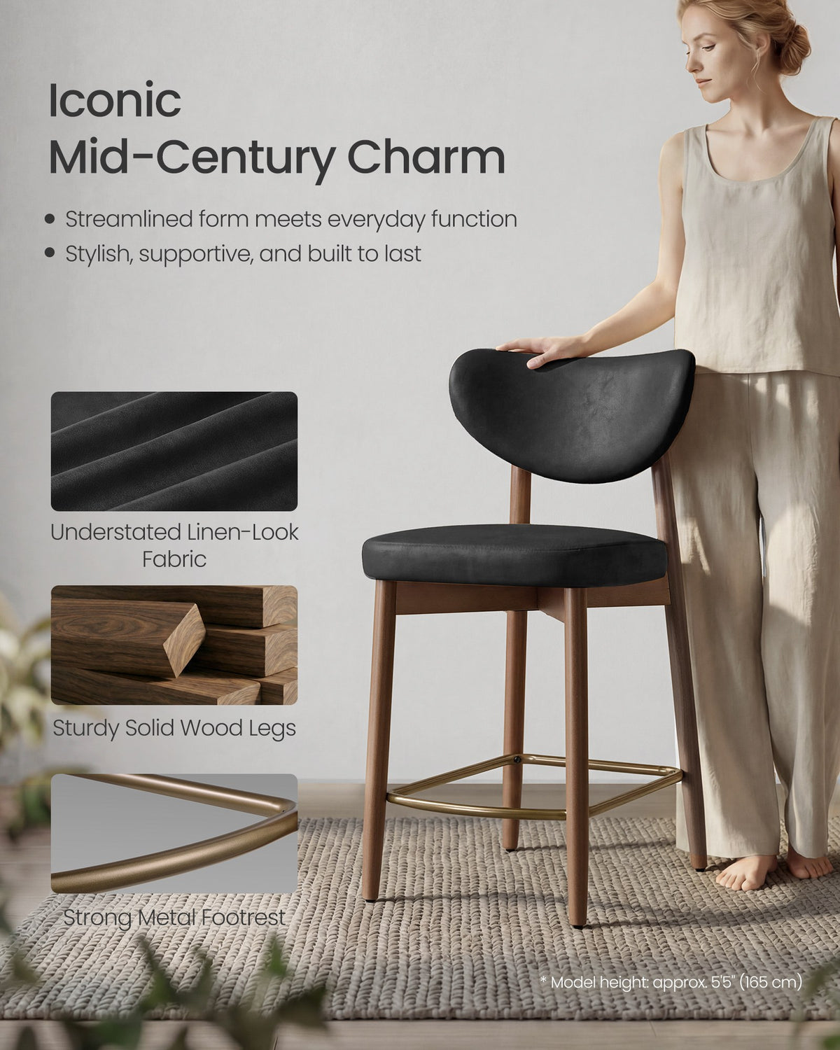 Upholstered wooden bar stool with back for kitchen island - image 3