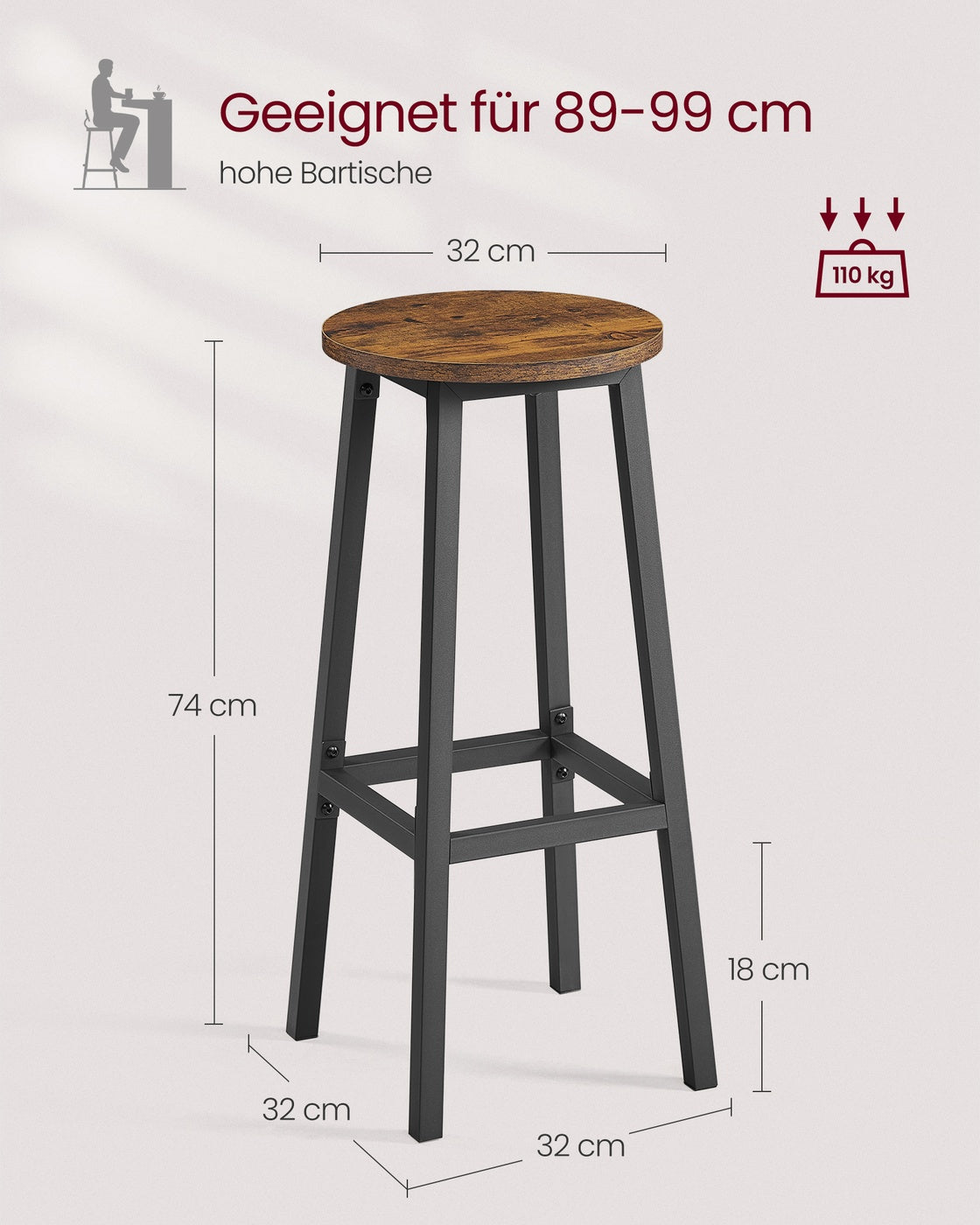 Bar Stools Set of 2 Kitchen Stools 74 cm High Rustic Brown and Black
